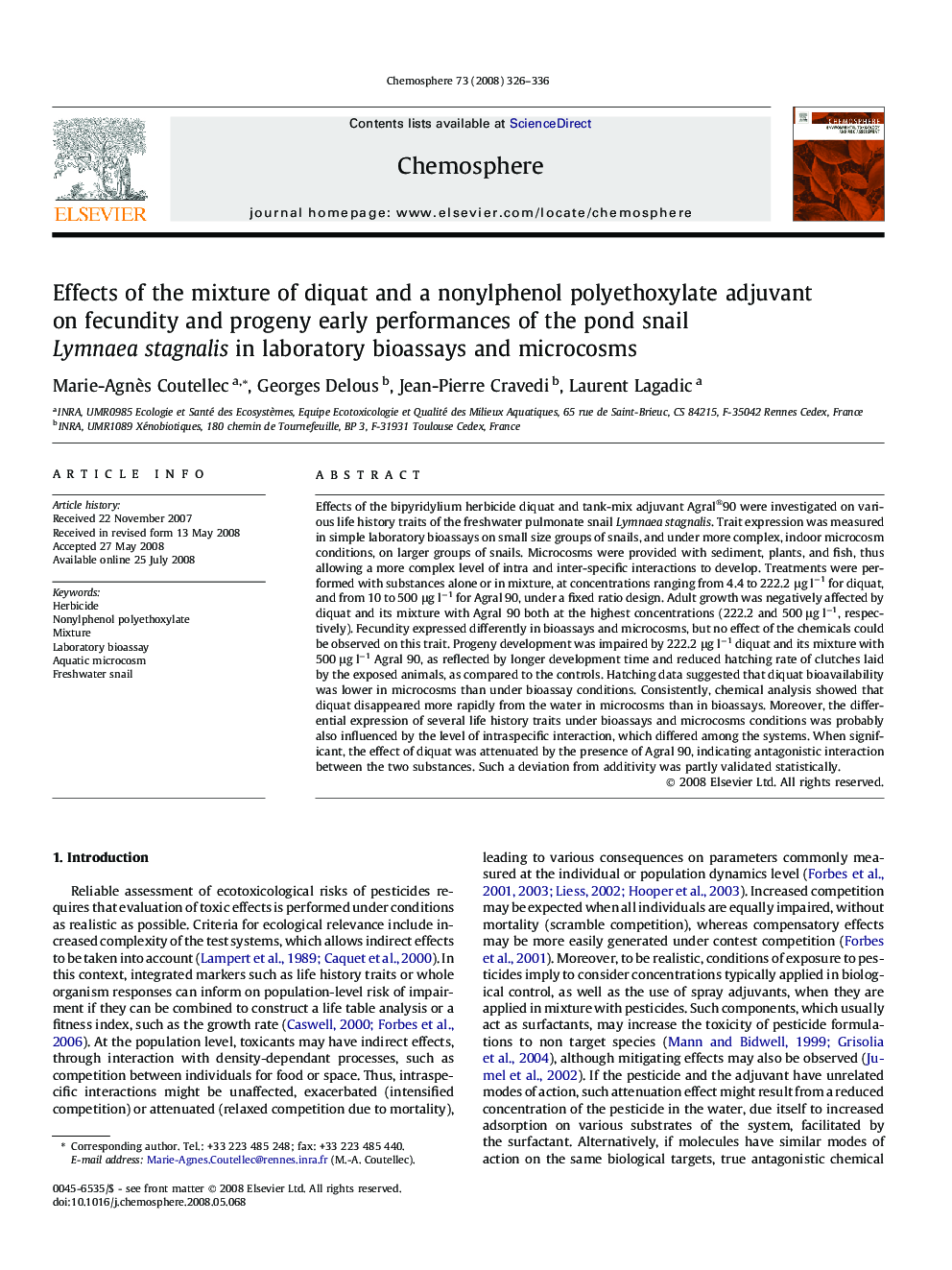 Effects of the mixture of diquat and a nonylphenol polyethoxylate adjuvant on fecundity and progeny early performances of the pond snail Lymnaea stagnalis in laboratory bioassays and microcosms