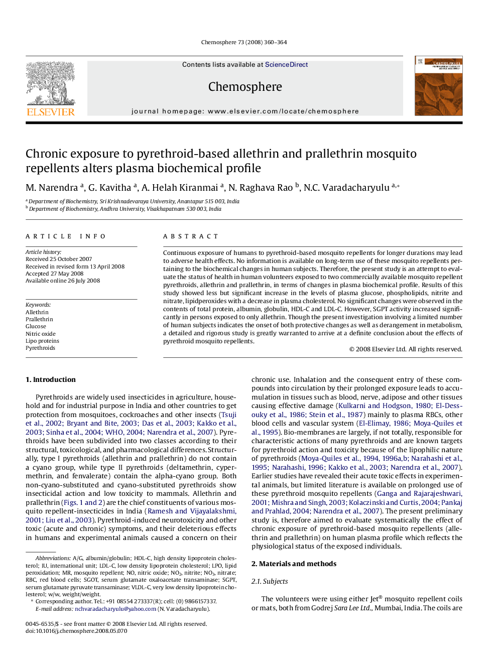 Chronic exposure to pyrethroid-based allethrin and prallethrin mosquito repellents alters plasma biochemical profile