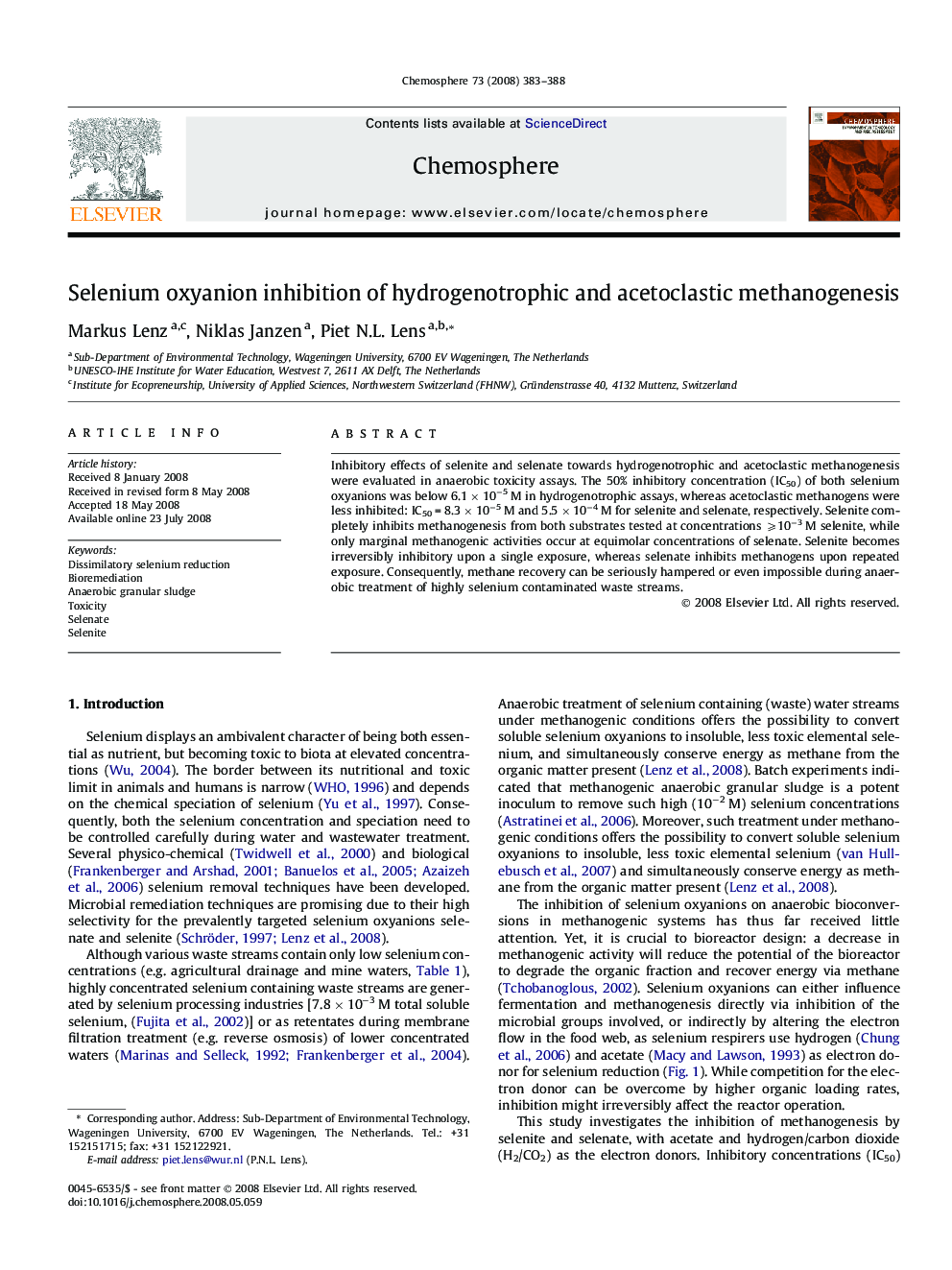 Selenium oxyanion inhibition of hydrogenotrophic and acetoclastic methanogenesis