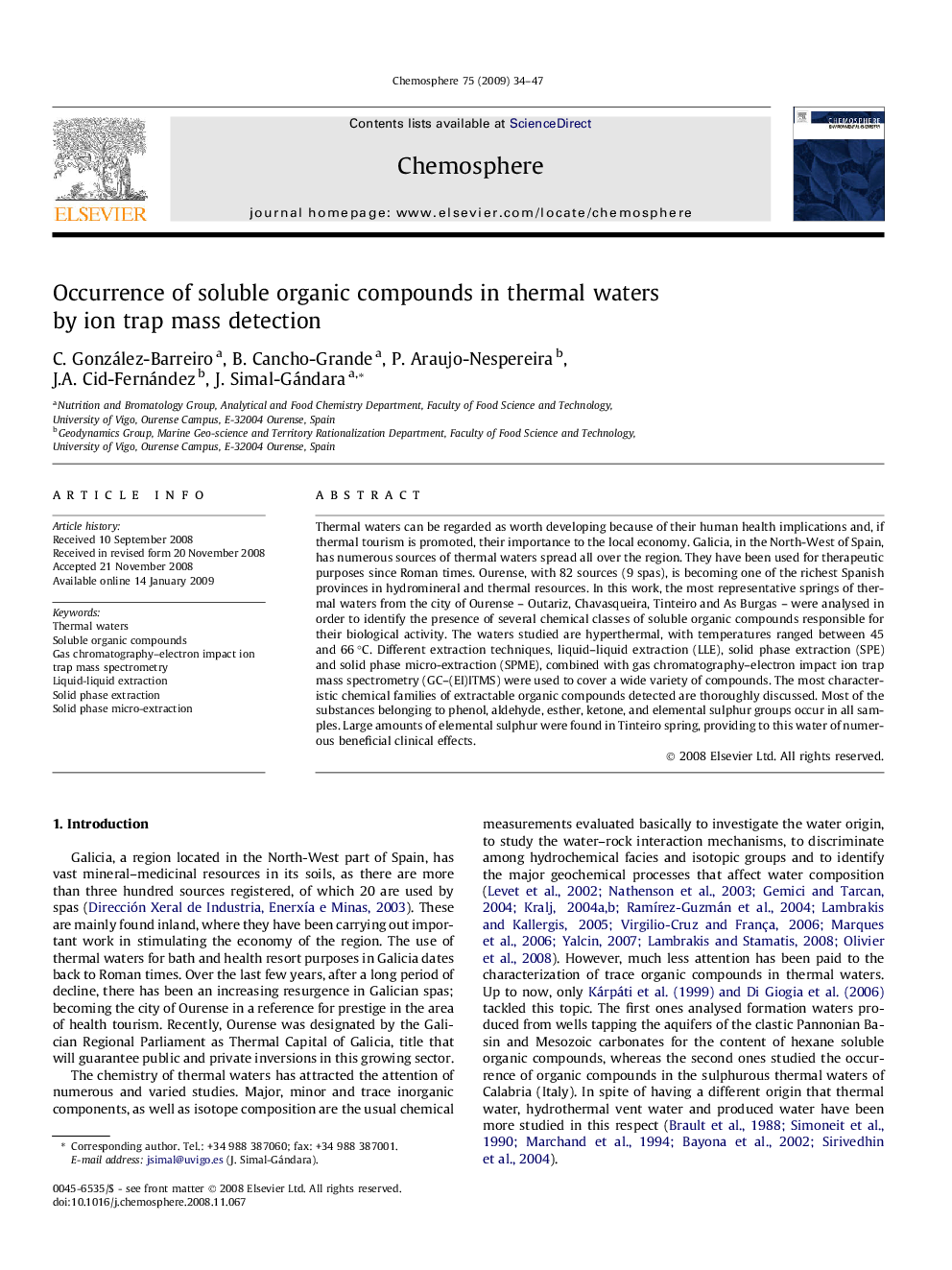 Occurrence of soluble organic compounds in thermal waters by ion trap mass detection