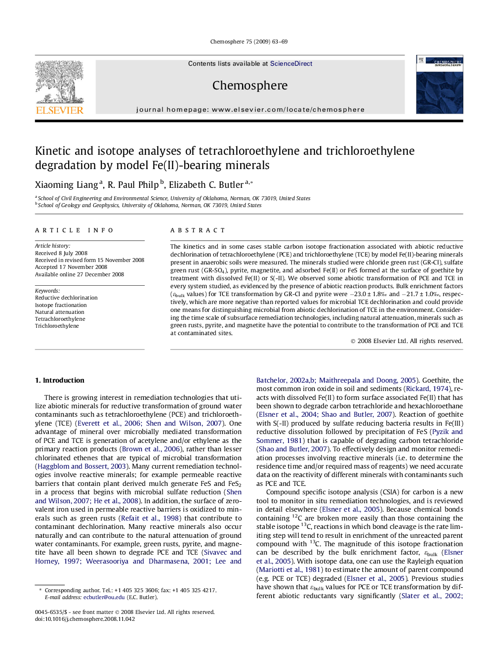 Kinetic and isotope analyses of tetrachloroethylene and trichloroethylene degradation by model Fe(II)-bearing minerals