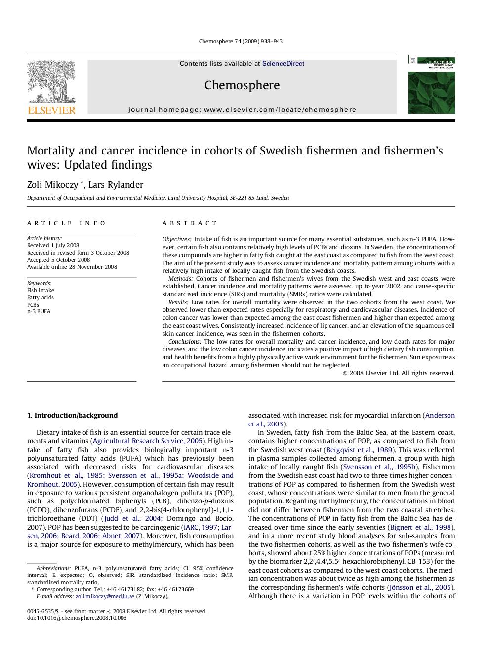 Mortality and cancer incidence in cohorts of Swedish fishermen and fishermen’s wives: Updated findings