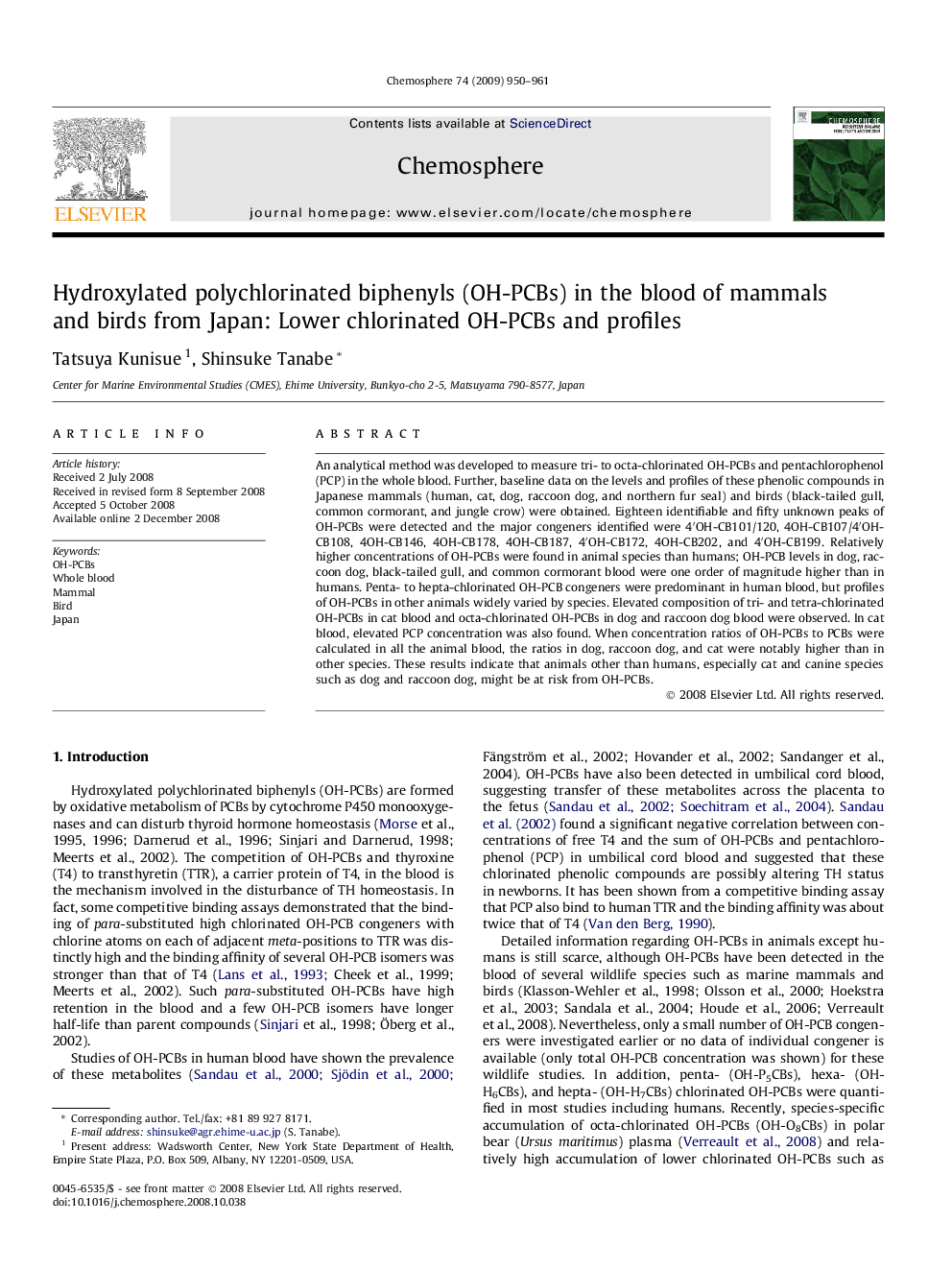 Hydroxylated polychlorinated biphenyls (OH-PCBs) in the blood of mammals and birds from Japan: Lower chlorinated OH-PCBs and profiles