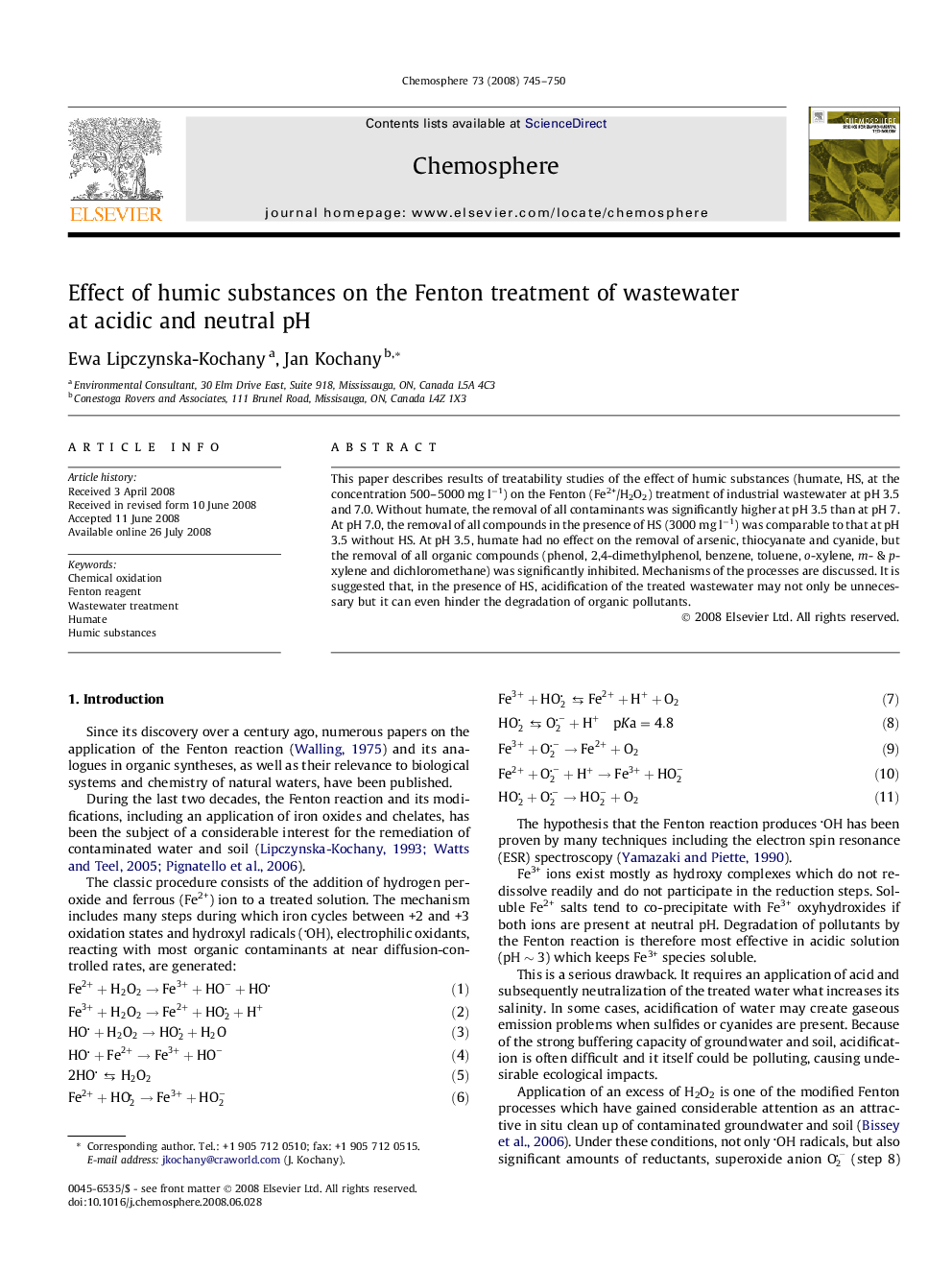 Effect of humic substances on the Fenton treatment of wastewater at acidic and neutral pH