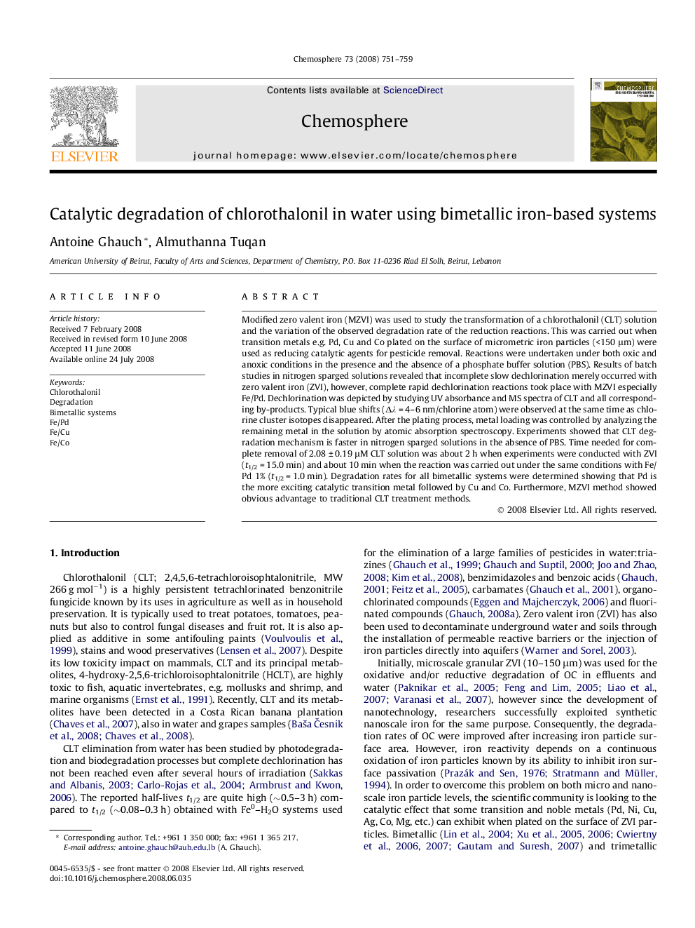 Catalytic degradation of chlorothalonil in water using bimetallic iron-based systems