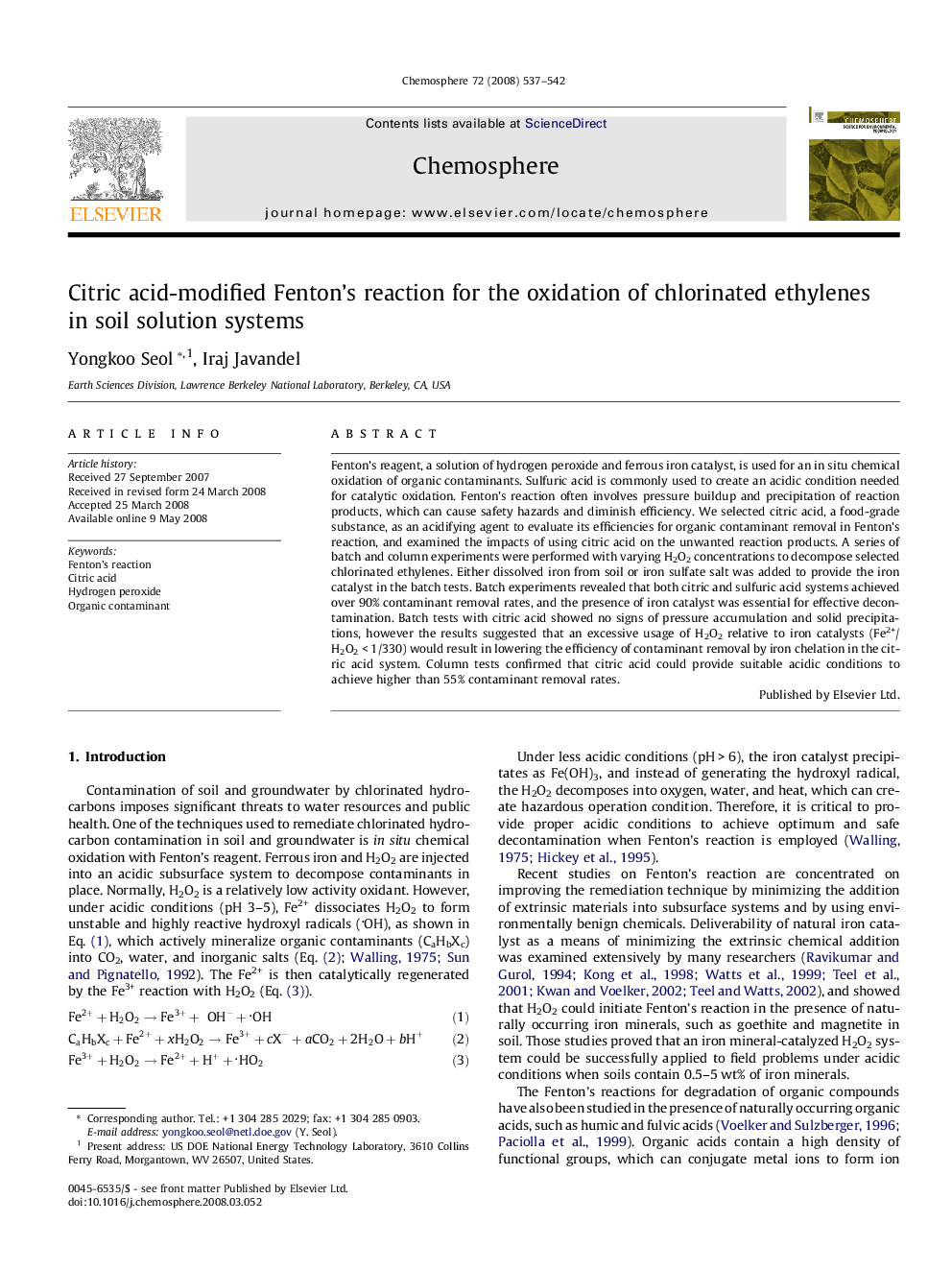 Citric acid-modified Fenton’s reaction for the oxidation of chlorinated ethylenes in soil solution systems