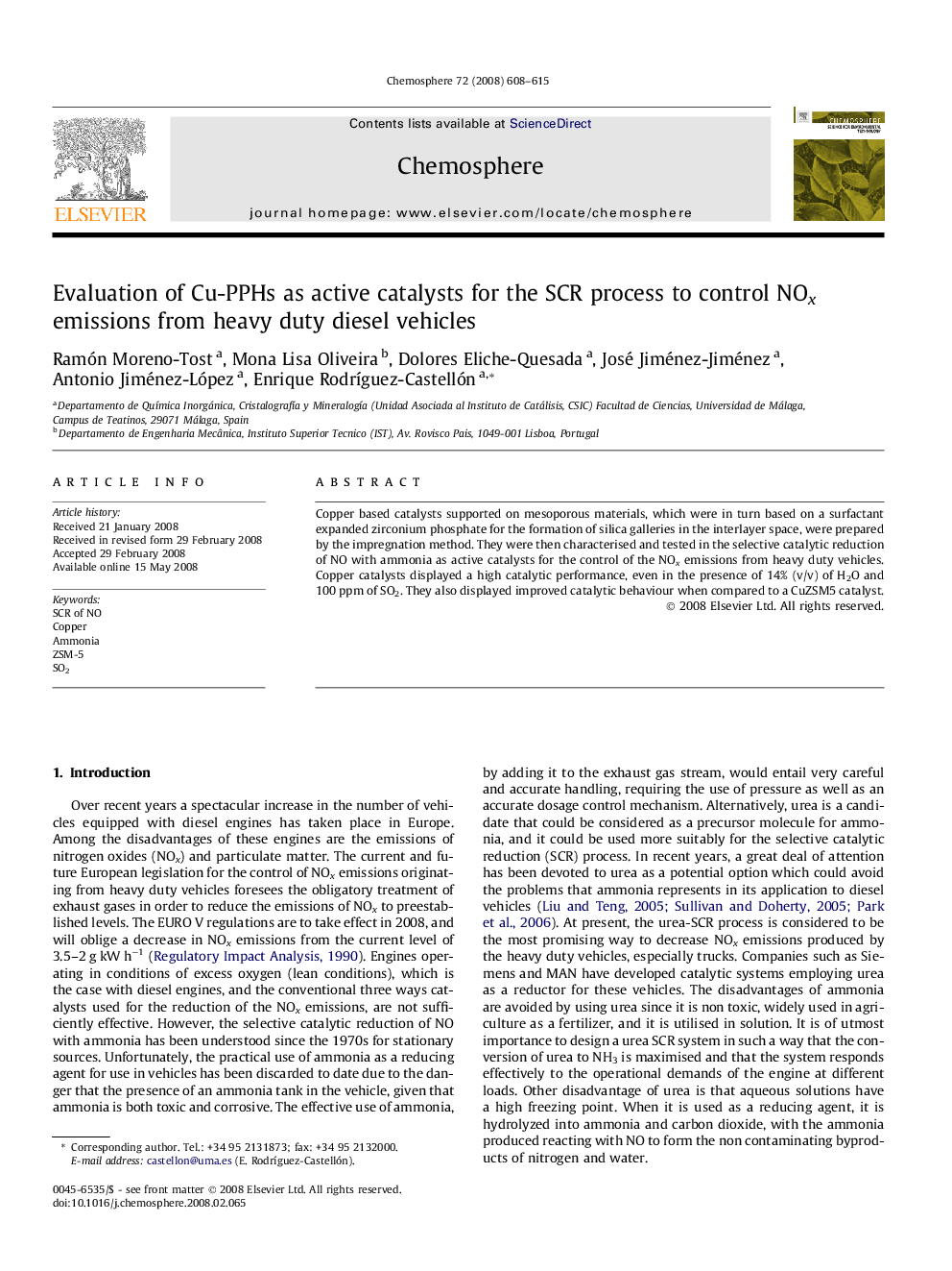 Evaluation of Cu-PPHs as active catalysts for the SCR process to control NOx emissions from heavy duty diesel vehicles