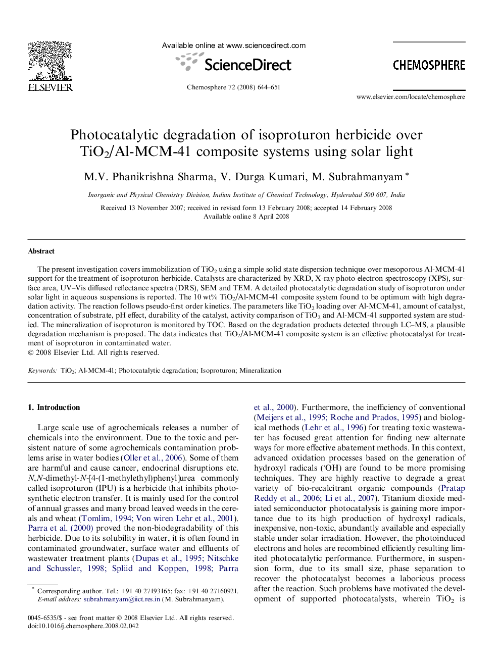 Photocatalytic degradation of isoproturon herbicide over TiO2/Al-MCM-41 composite systems using solar light