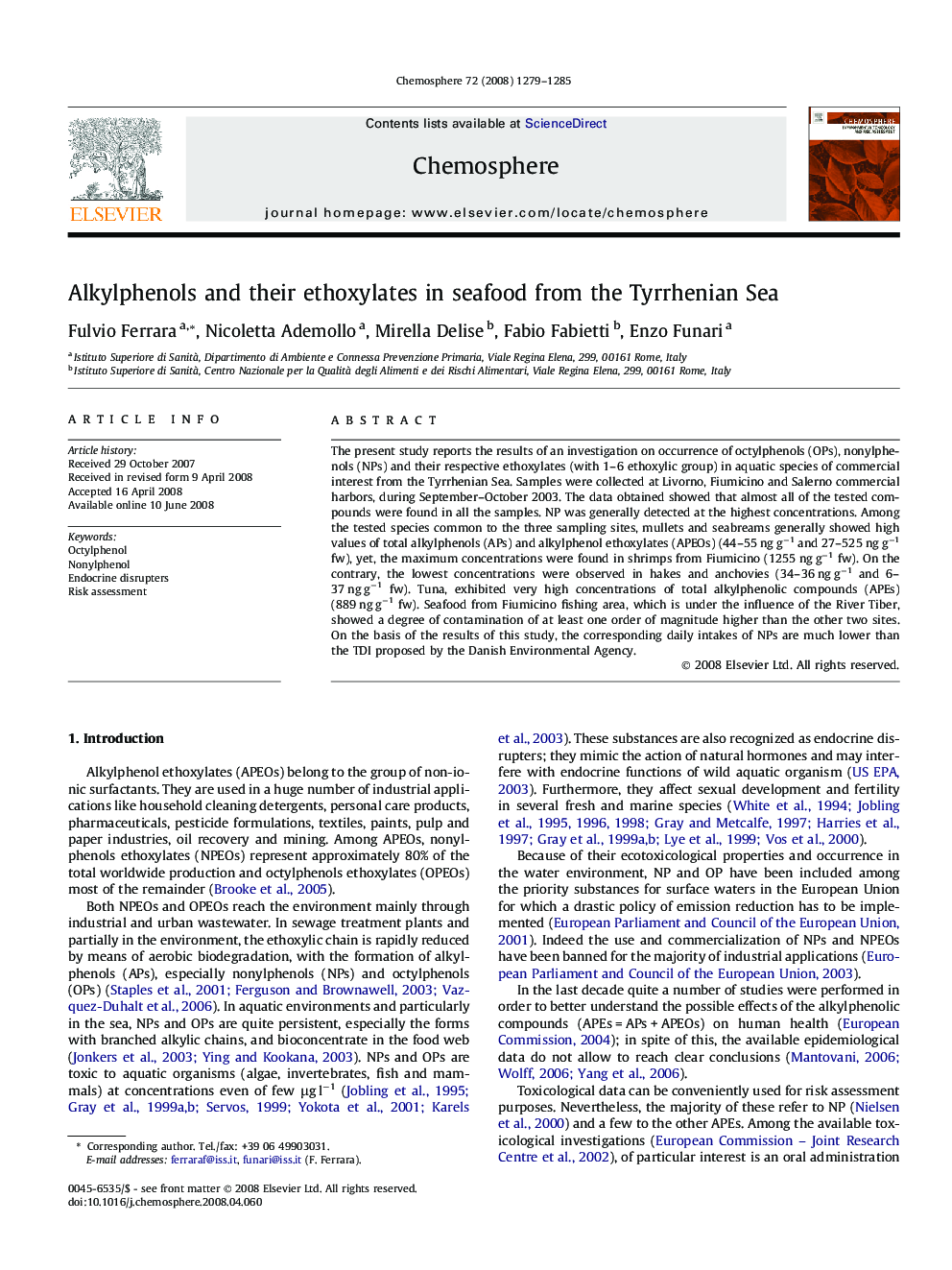 Alkylphenols and their ethoxylates in seafood from the Tyrrhenian Sea