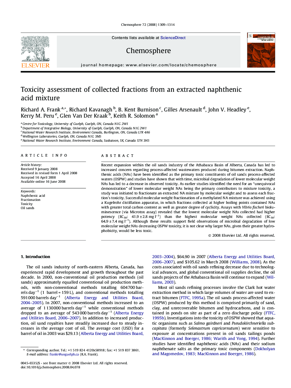 Toxicity assessment of collected fractions from an extracted naphthenic acid mixture