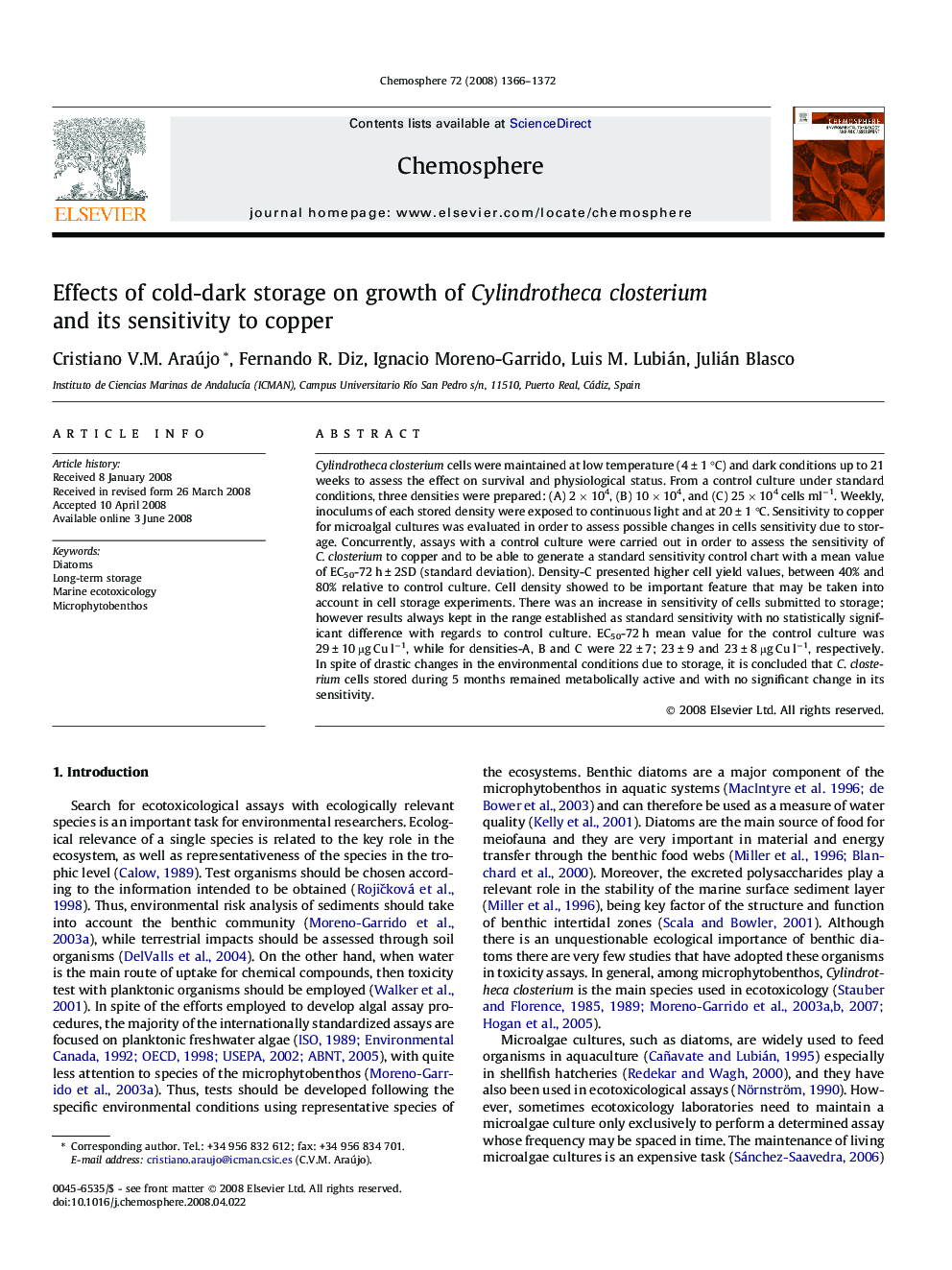 Effects of cold-dark storage on growth of Cylindrotheca closterium and its sensitivity to copper