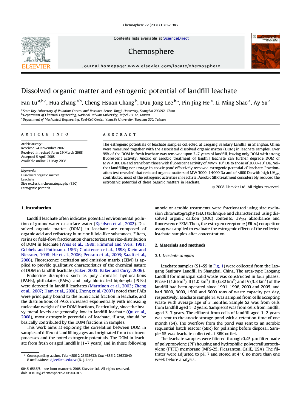 Dissolved organic matter and estrogenic potential of landfill leachate