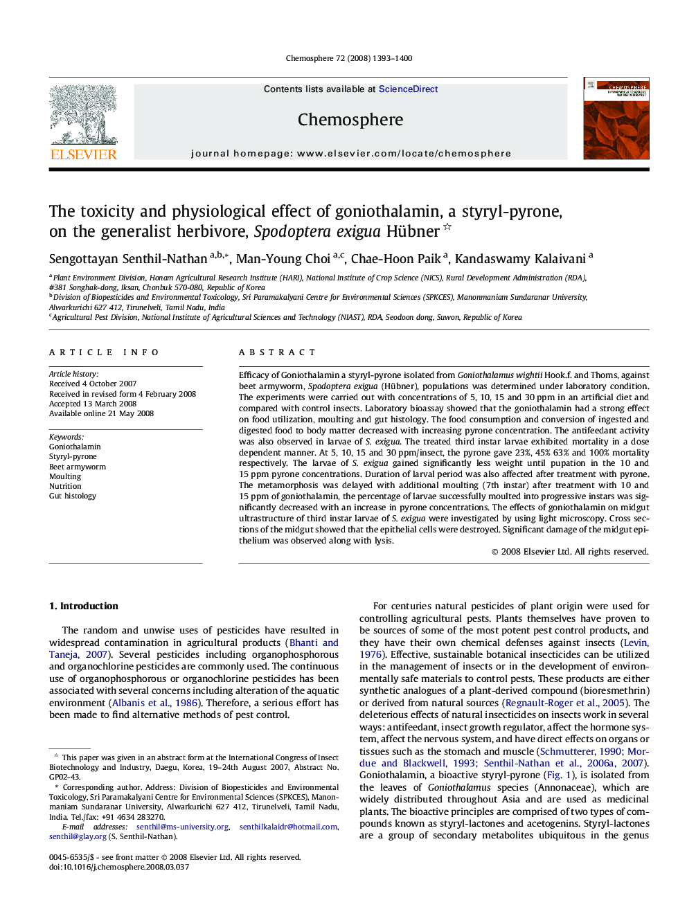 The toxicity and physiological effect of goniothalamin, a styryl-pyrone, on the generalist herbivore, Spodoptera exigua Hübner 