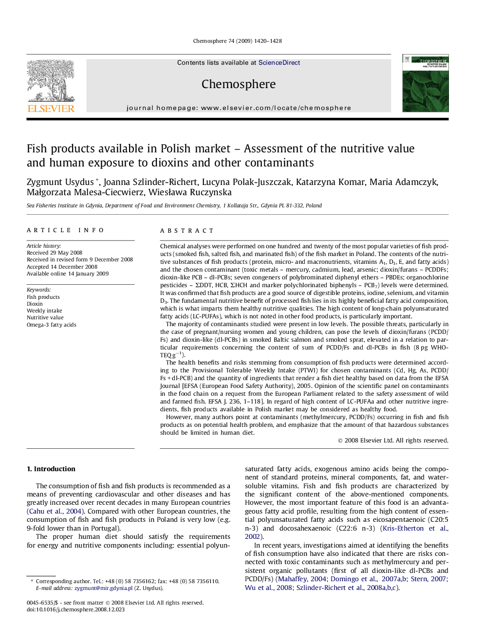 Fish products available in Polish market – Assessment of the nutritive value and human exposure to dioxins and other contaminants