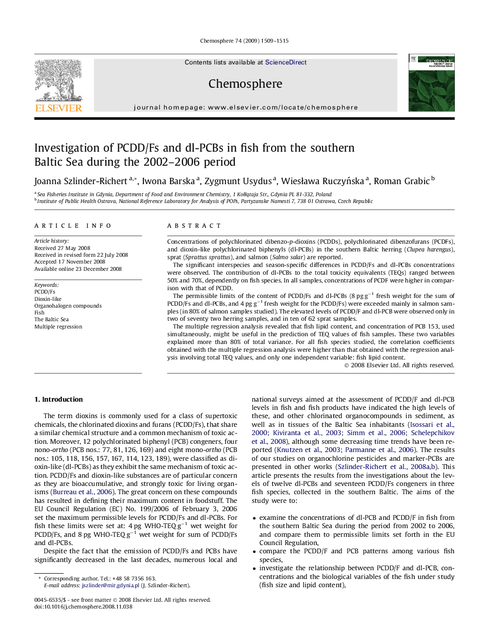 Investigation of PCDD/Fs and dl-PCBs in fish from the southern Baltic Sea during the 2002–2006 period