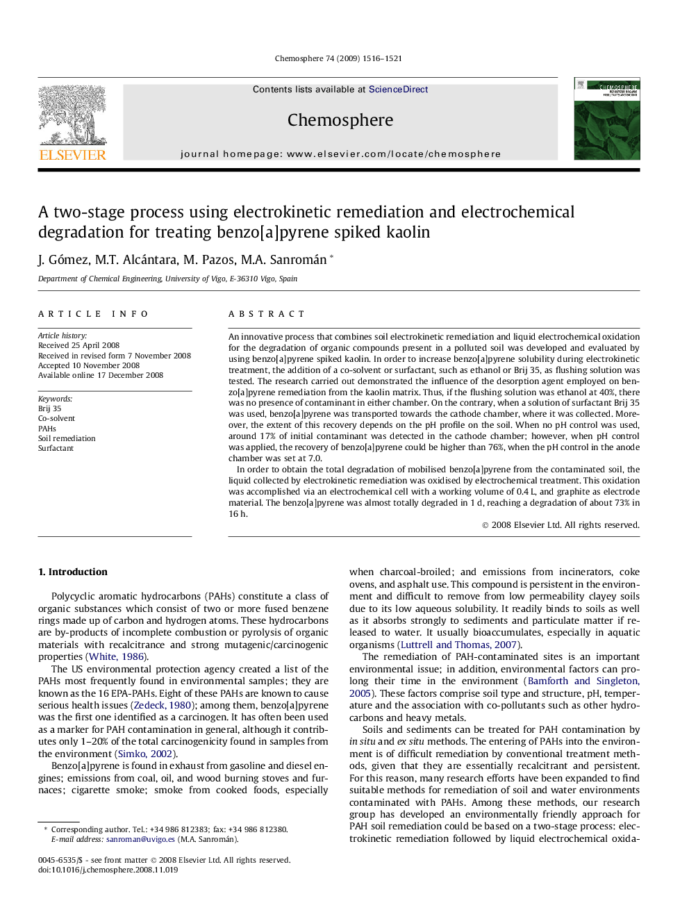 A two-stage process using electrokinetic remediation and electrochemical degradation for treating benzo[a]pyrene spiked kaolin