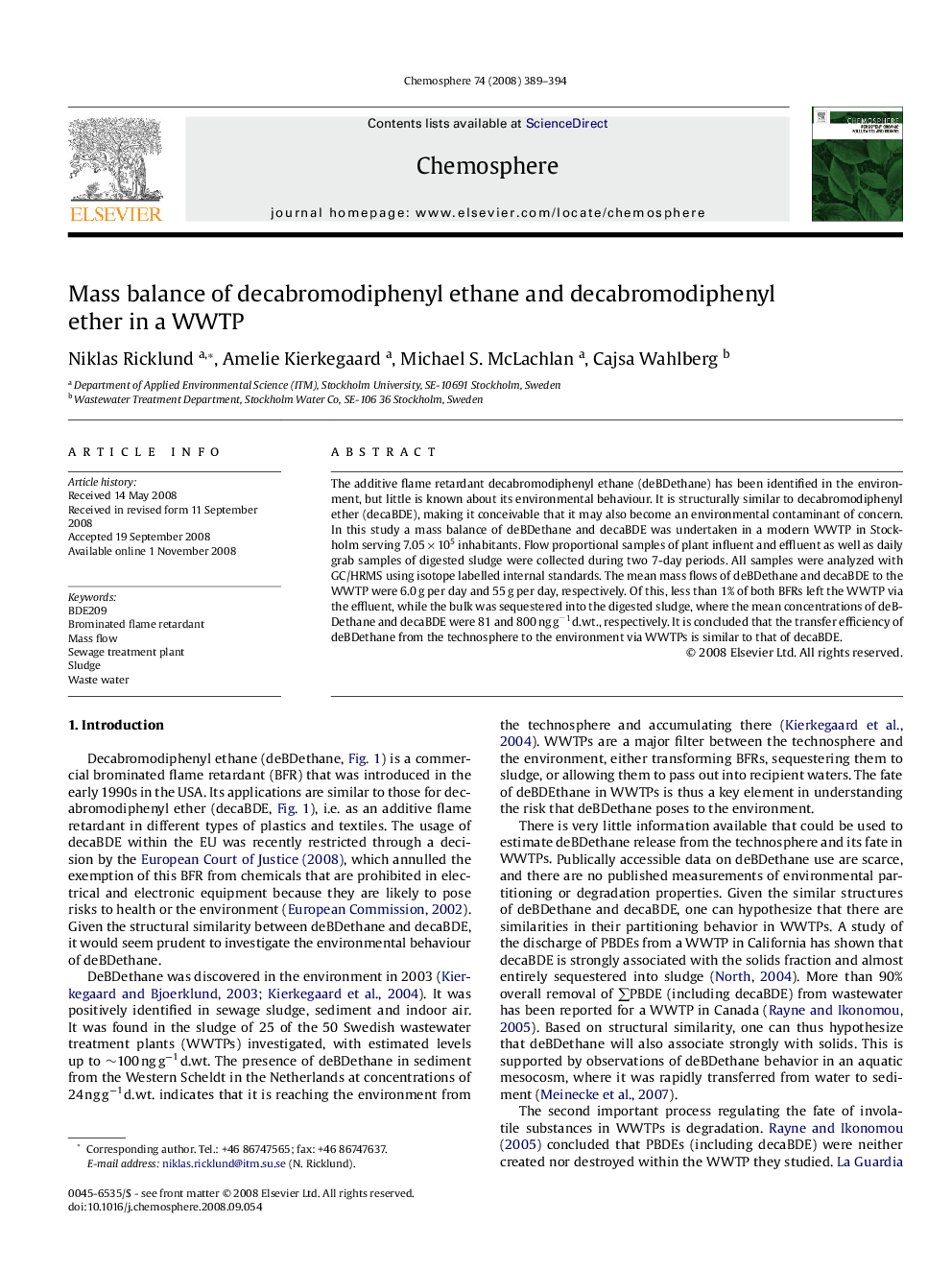 Mass balance of decabromodiphenyl ethane and decabromodiphenyl ether in a WWTP