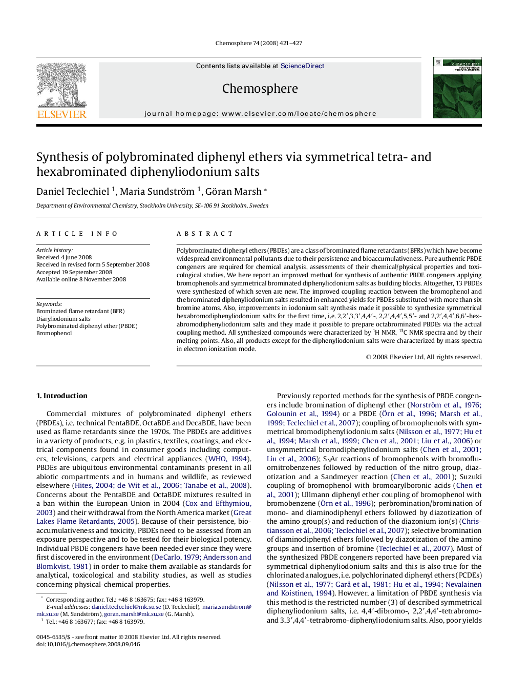 Synthesis of polybrominated diphenyl ethers via symmetrical tetra- and hexabrominated diphenyliodonium salts