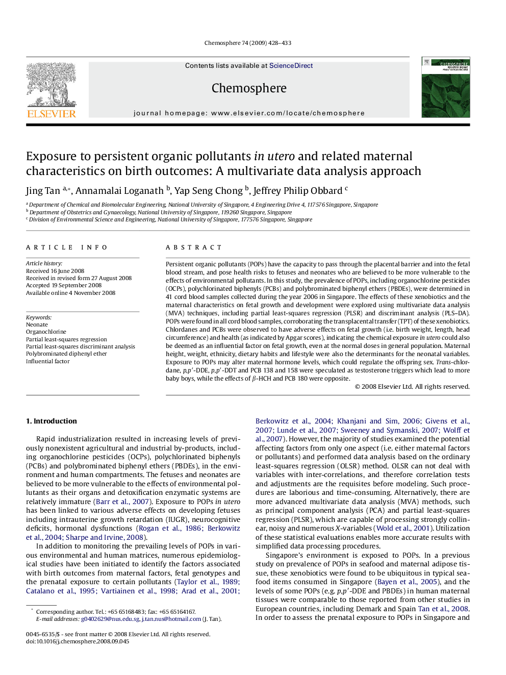 Exposure to persistent organic pollutants in utero and related maternal characteristics on birth outcomes: A multivariate data analysis approach