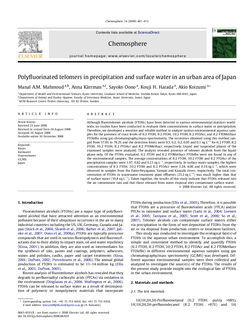 Polyfluorinated telomers in precipitation and surface water in an urban area of Japan