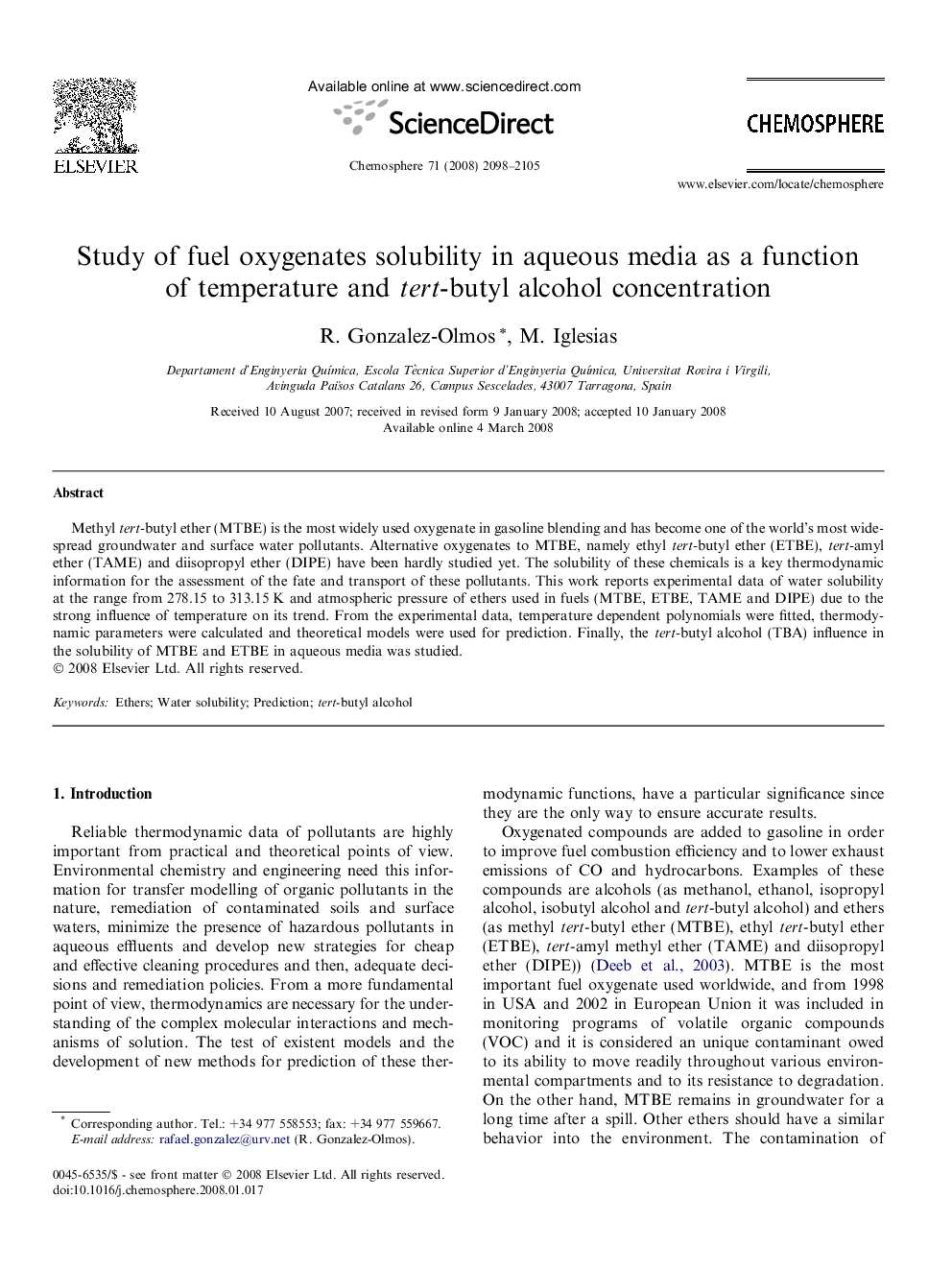 Study of fuel oxygenates solubility in aqueous media as a function of temperature and tert-butyl alcohol concentration