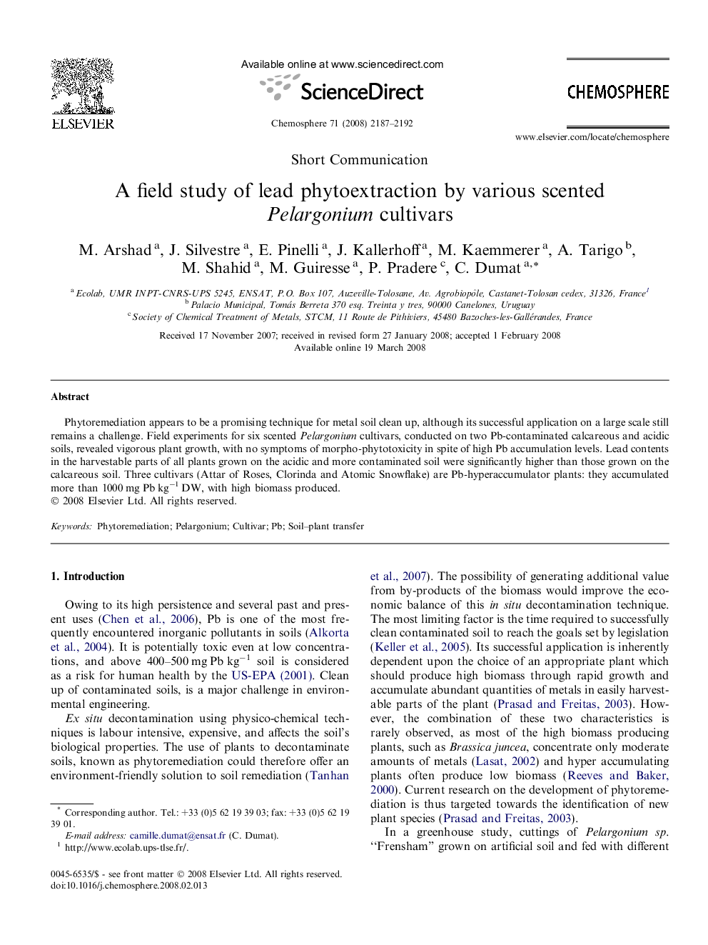 A field study of lead phytoextraction by various scented Pelargonium cultivars