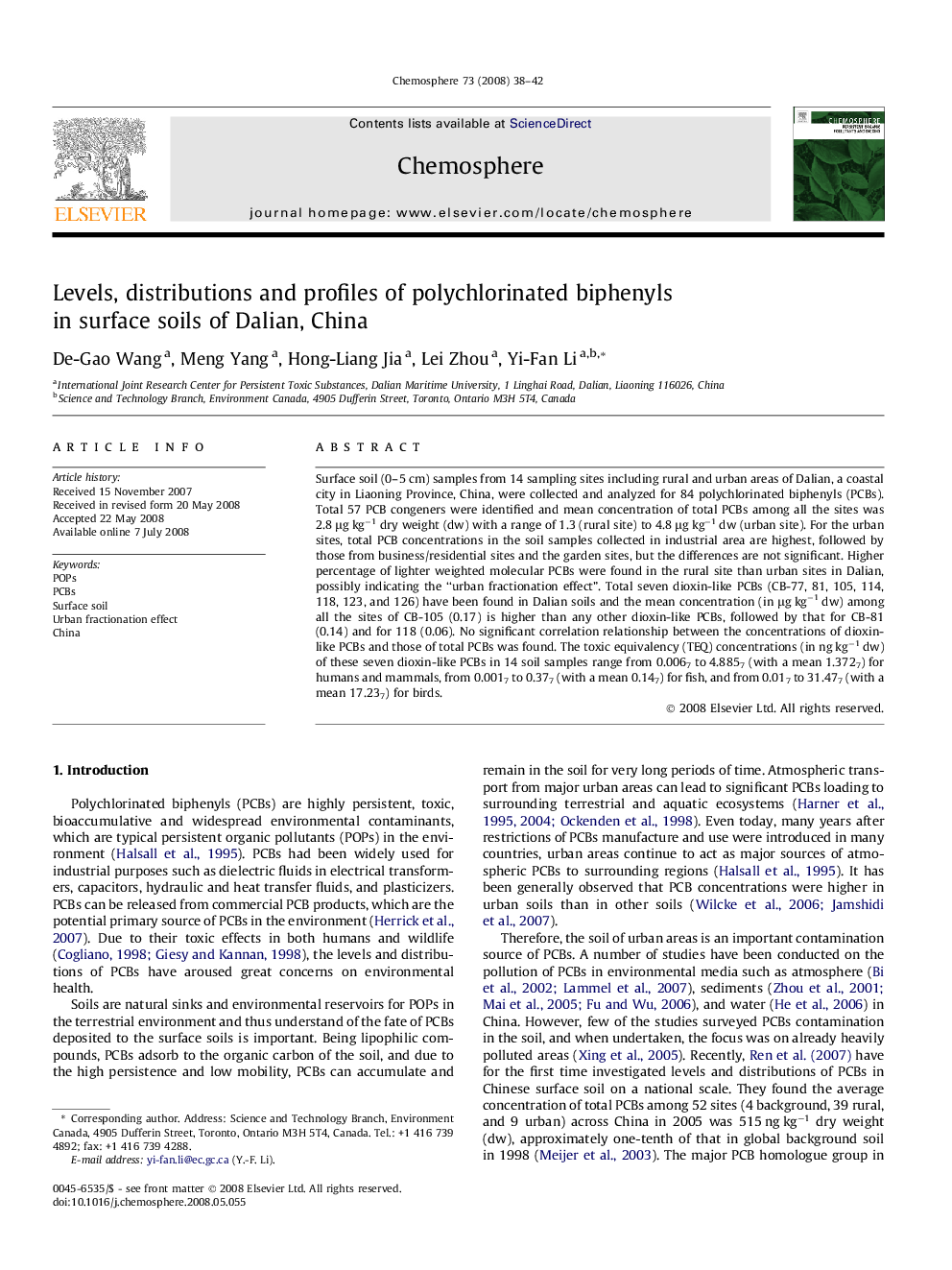 Levels, distributions and profiles of polychlorinated biphenyls in surface soils of Dalian, China