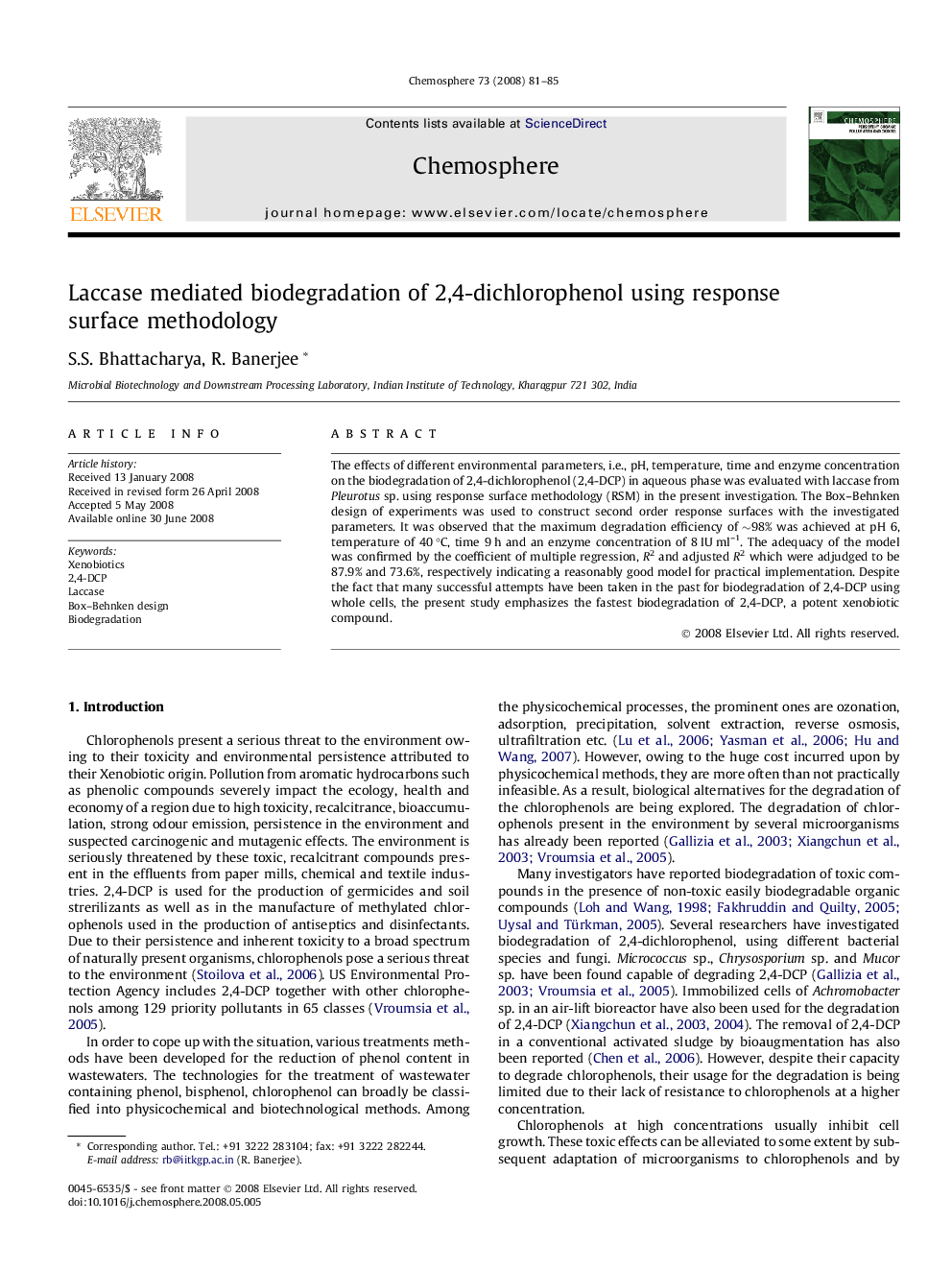 Laccase mediated biodegradation of 2,4-dichlorophenol using response surface methodology