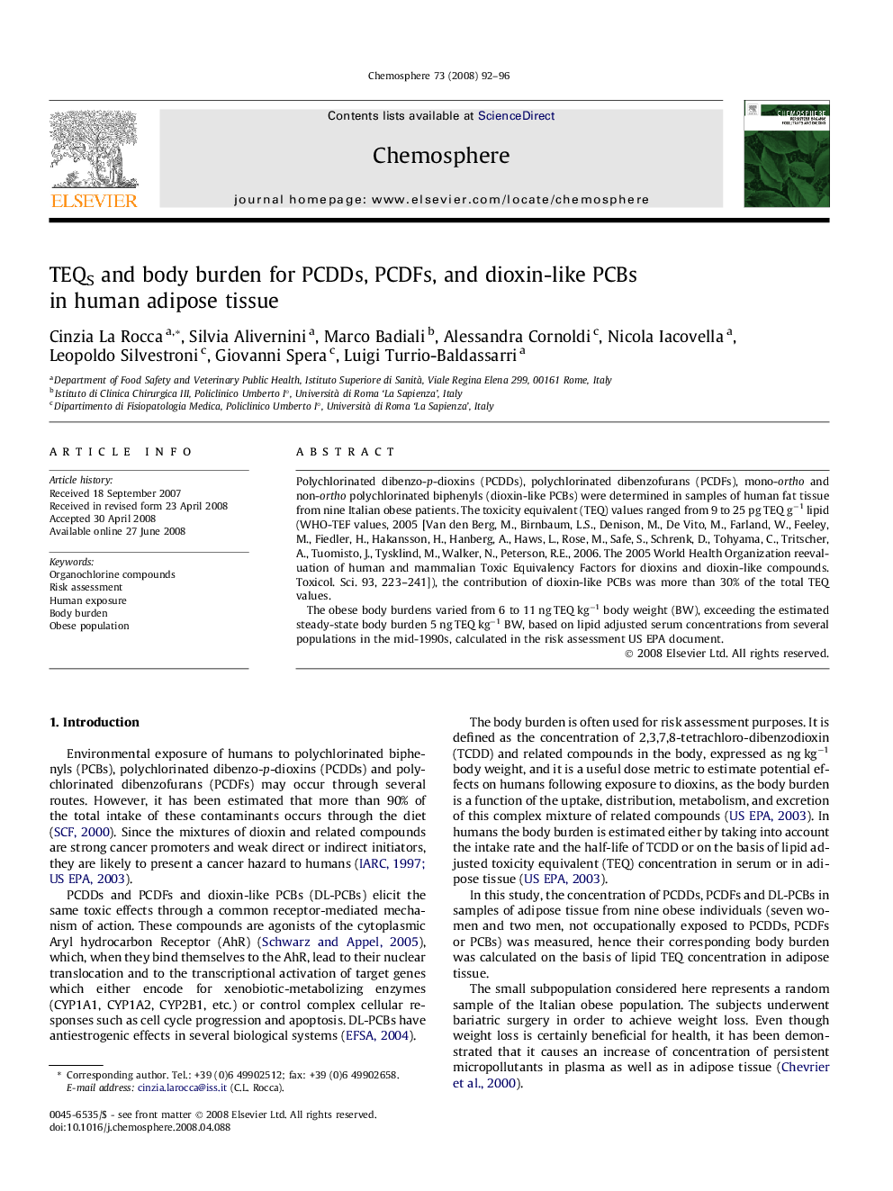 TEQS and body burden for PCDDs, PCDFs, and dioxin-like PCBs in human adipose tissue