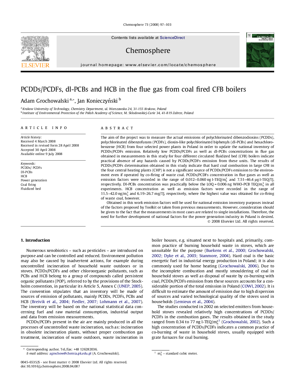 PCDDs/PCDFs, dl-PCBs and HCB in the flue gas from coal fired CFB boilers