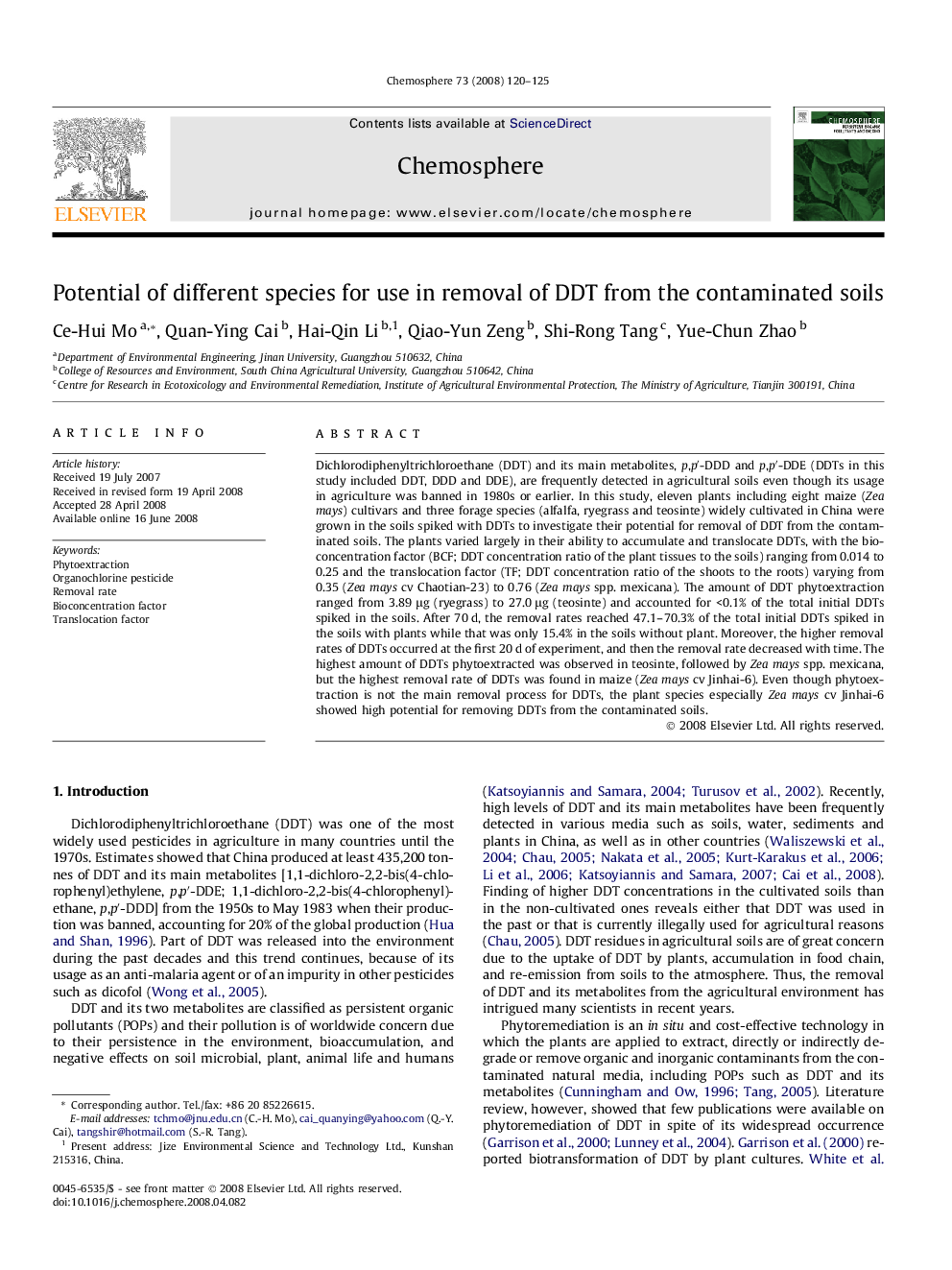 Potential of different species for use in removal of DDT from the contaminated soils