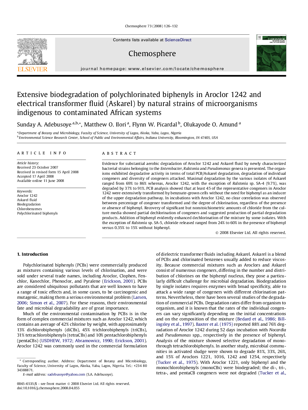 Extensive biodegradation of polychlorinated biphenyls in Aroclor 1242 and electrical transformer fluid (Askarel) by natural strains of microorganisms indigenous to contaminated African systems