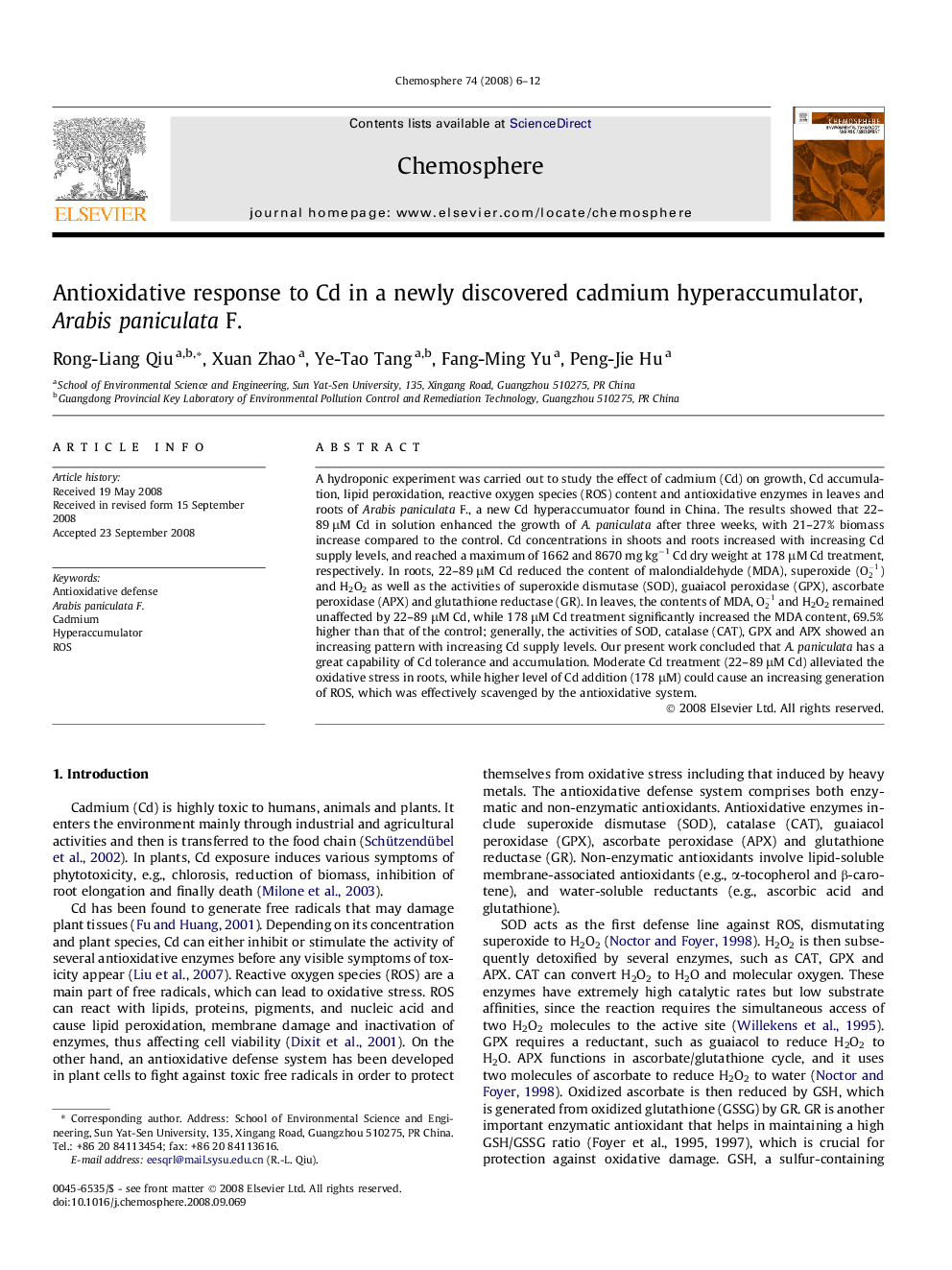 Antioxidative response to Cd in a newly discovered cadmium hyperaccumulator, Arabis paniculata F.