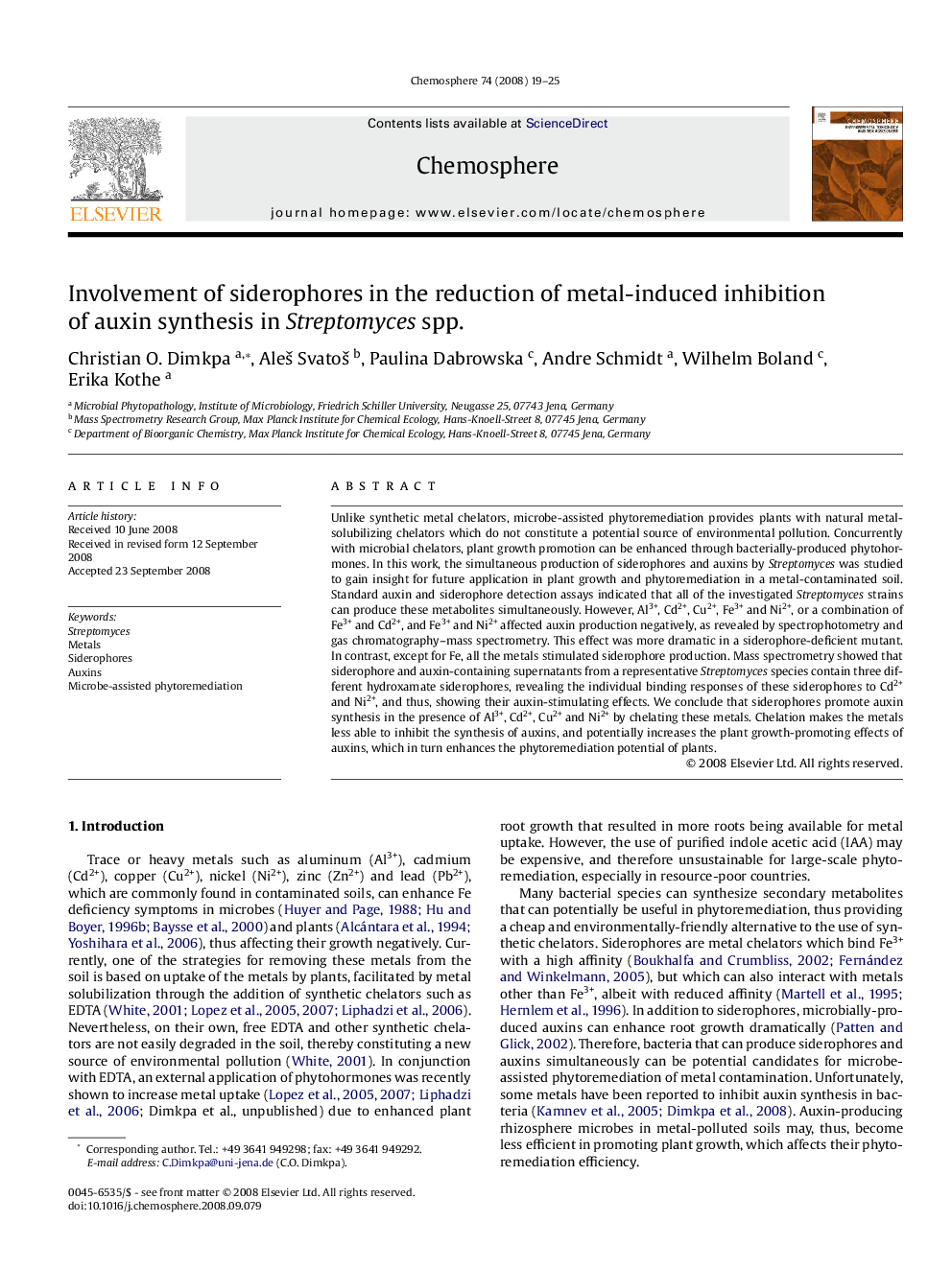 Involvement of siderophores in the reduction of metal-induced inhibition of auxin synthesis in Streptomyces spp.