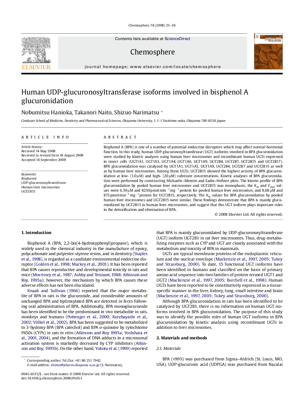 Human UDP-glucuronosyltransferase isoforms involved in bisphenol A glucuronidation