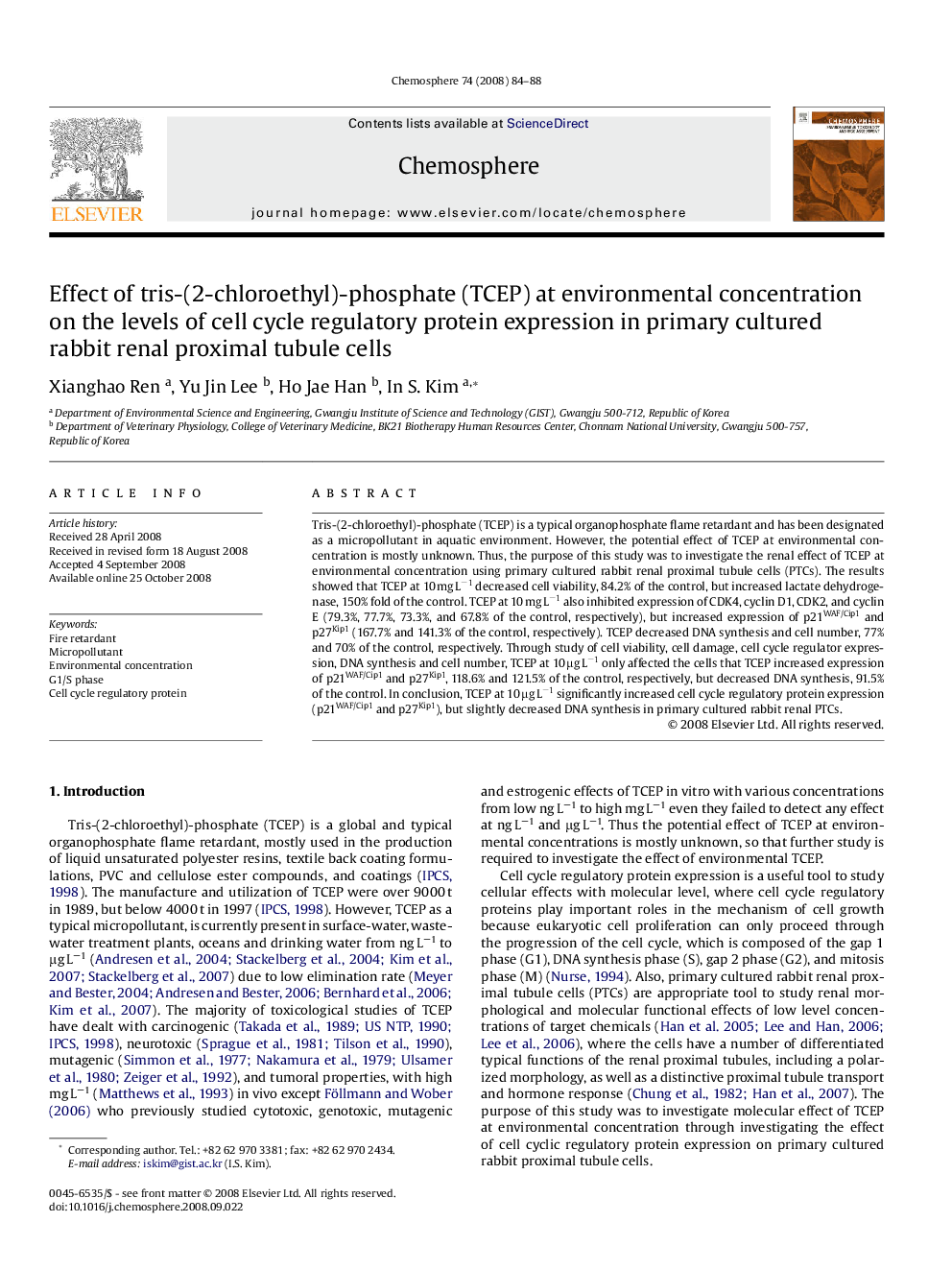 Effect of tris-(2-chloroethyl)-phosphate (TCEP) at environmental concentration on the levels of cell cycle regulatory protein expression in primary cultured rabbit renal proximal tubule cells