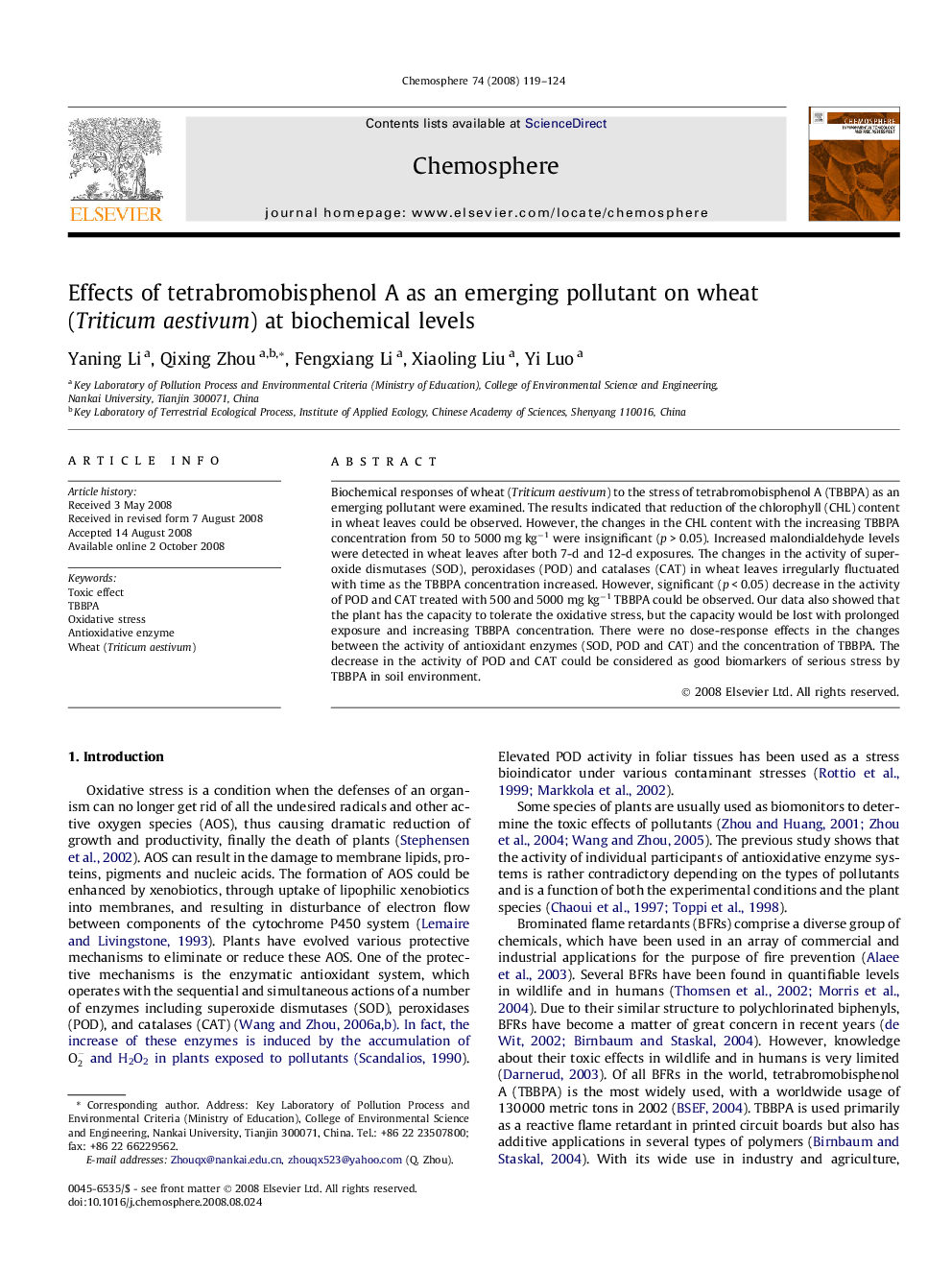 Effects of tetrabromobisphenol A as an emerging pollutant on wheat (Triticum aestivum) at biochemical levels