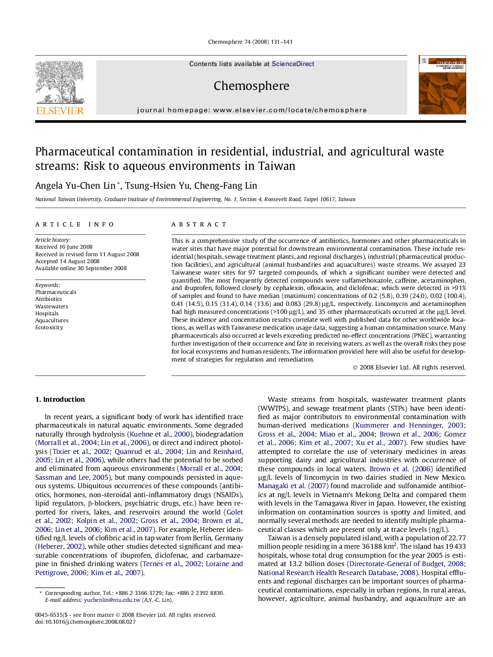 Pharmaceutical contamination in residential, industrial, and agricultural waste streams: Risk to aqueous environments in Taiwan