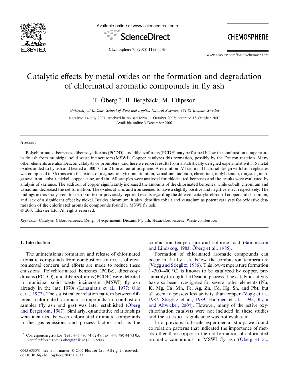 Catalytic effects by metal oxides on the formation and degradation of chlorinated aromatic compounds in fly ash