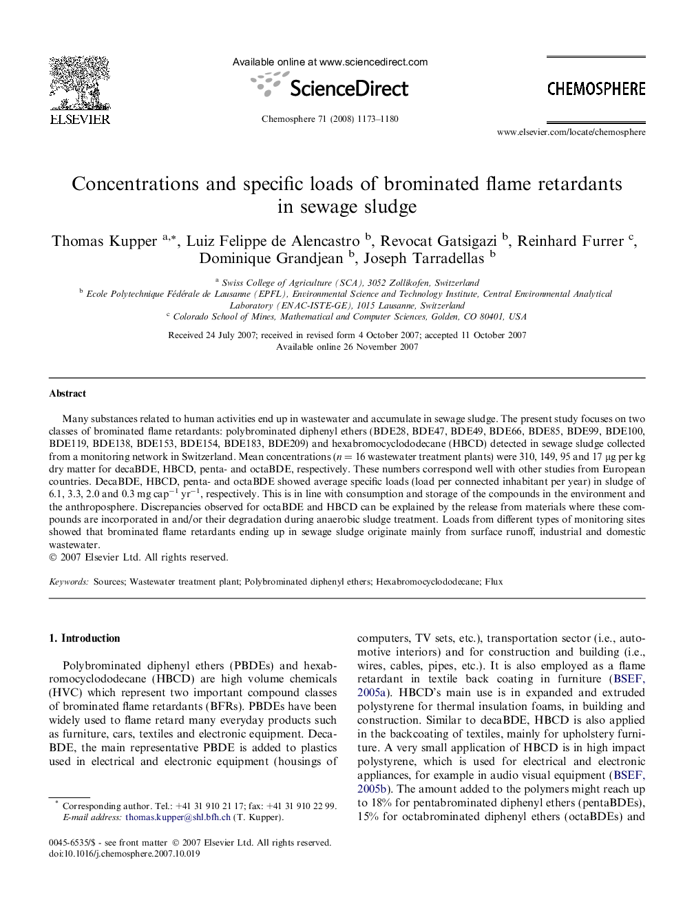 Concentrations and specific loads of brominated flame retardants in sewage sludge