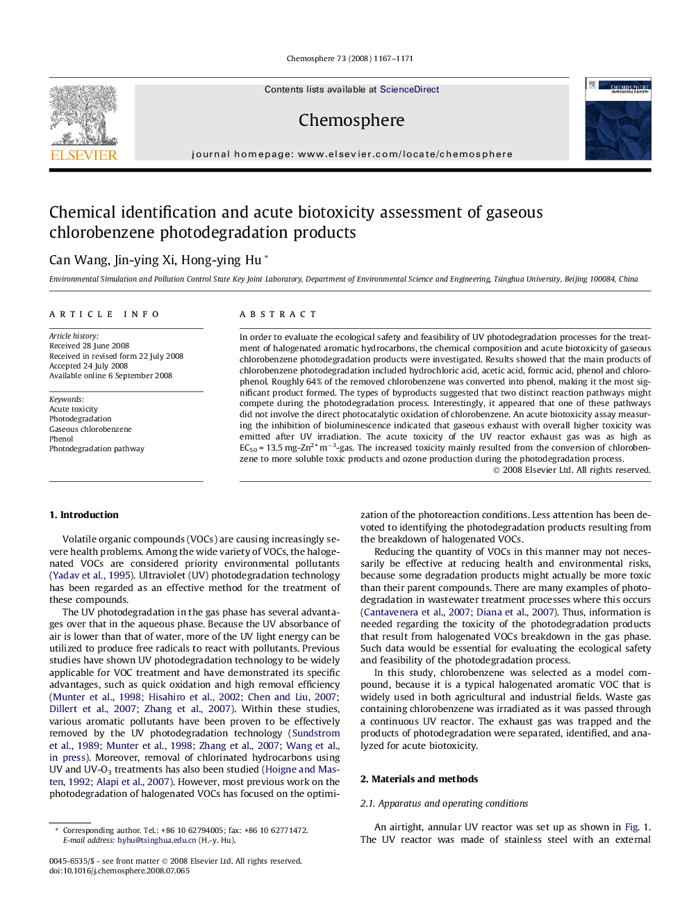 Chemical identification and acute biotoxicity assessment of gaseous chlorobenzene photodegradation products