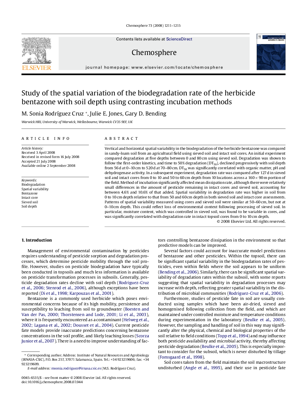 Study of the spatial variation of the biodegradation rate of the herbicide bentazone with soil depth using contrasting incubation methods