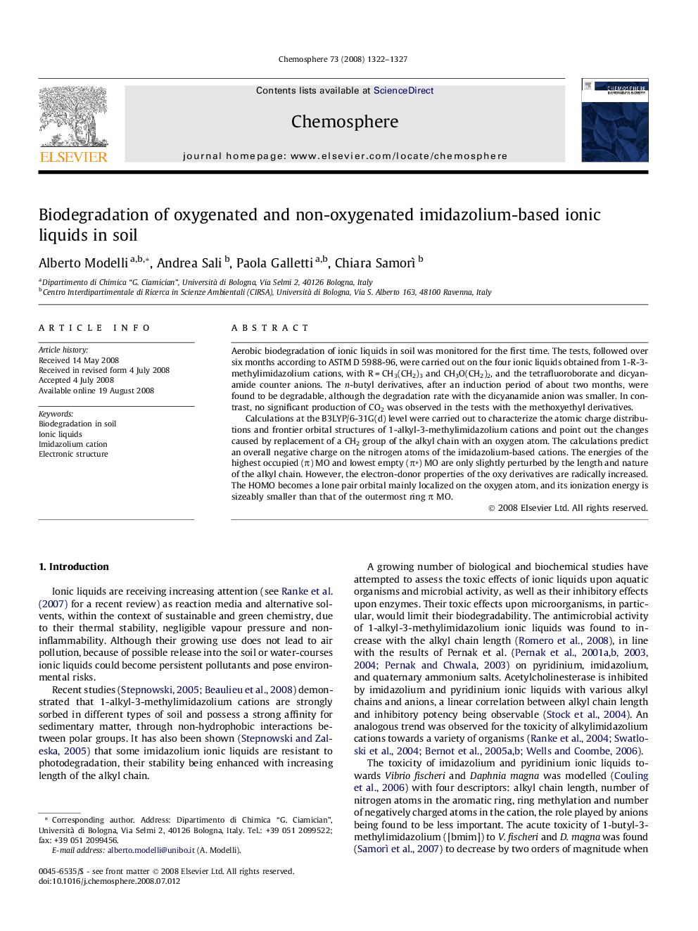 Biodegradation of oxygenated and non-oxygenated imidazolium-based ionic liquids in soil