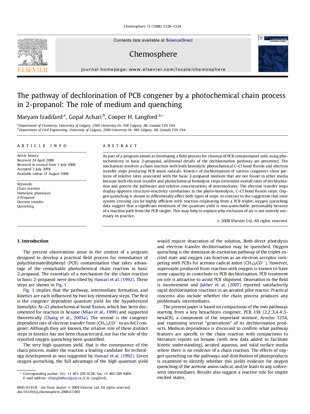 The pathway of dechlorination of PCB congener by a photochemical chain process in 2-propanol: The role of medium and quenching