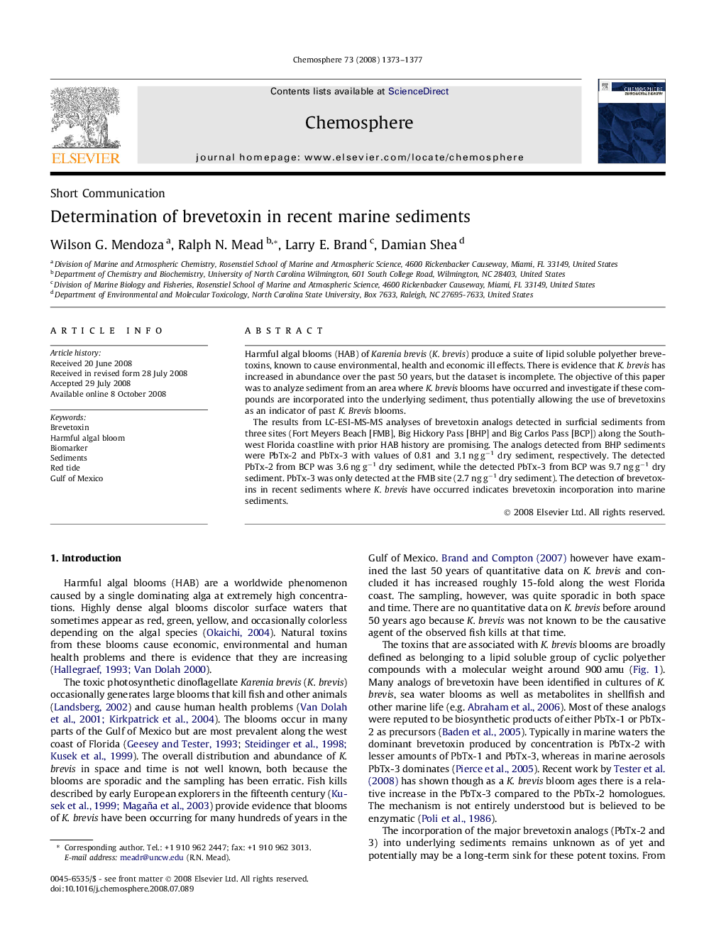 Determination of brevetoxin in recent marine sediments