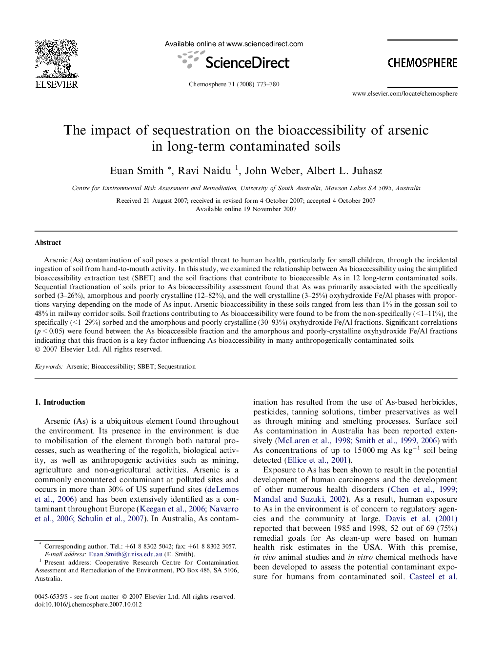 عکس صفحه اول مقاله: The impact of sequestration on the bioaccessibility of arsenic in long-term contaminated soils The impact of sequestration on the bioaccessibility of arsenic in long-term contaminated soils