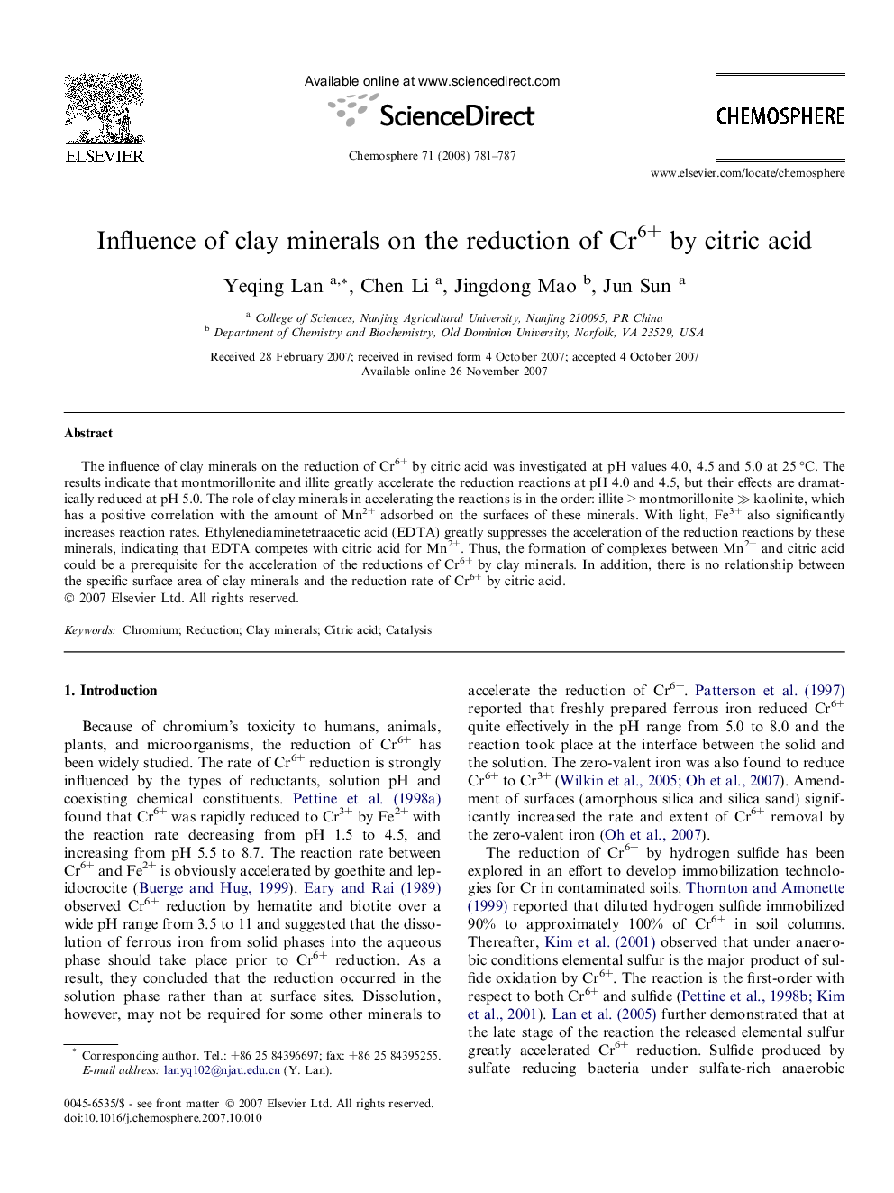 Influence of clay minerals on the reduction of Cr6+ by citric acid