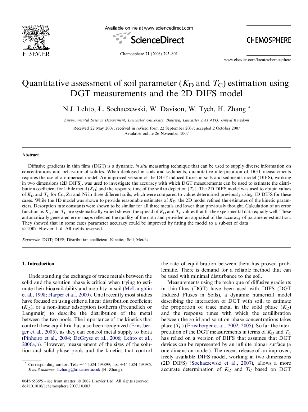 Quantitative assessment of soil parameter (KD and TC) estimation using DGT measurements and the 2D DIFS model