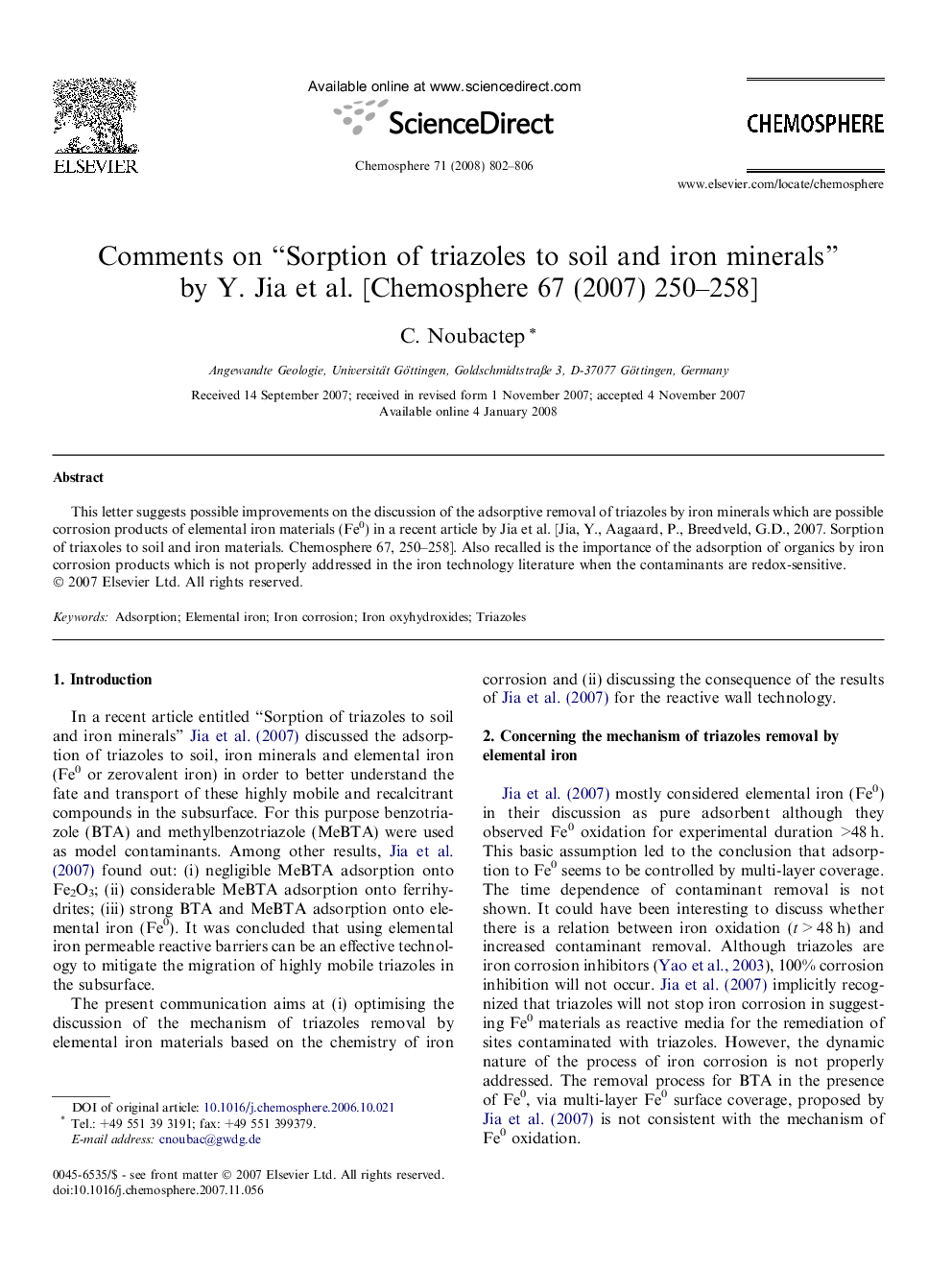 Comments on “Sorption of triazoles to soil and iron minerals” by Y. Jia et al. [Chemosphere 67 (2007) 250–258]