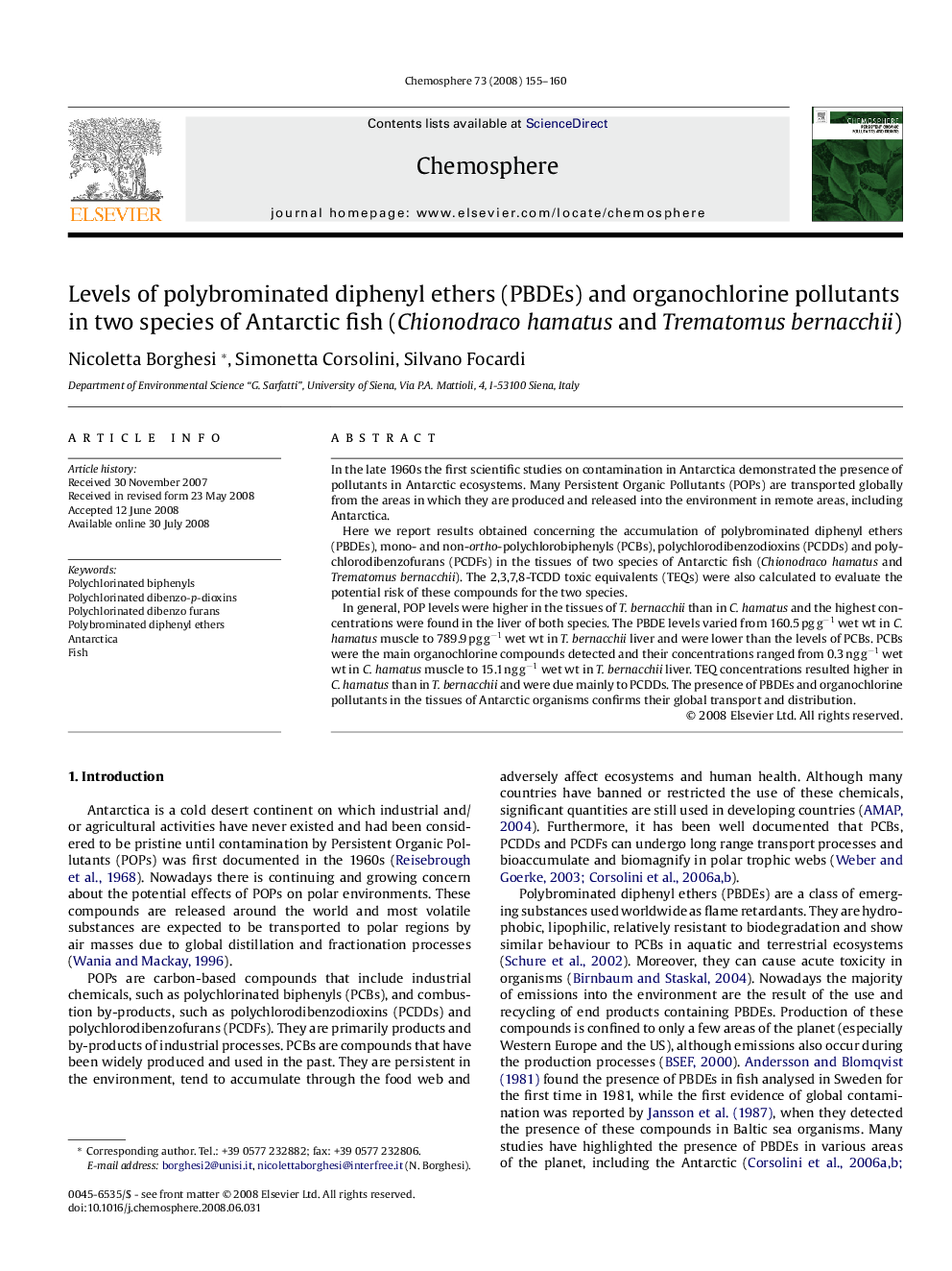 Levels of polybrominated diphenyl ethers (PBDEs) and organochlorine pollutants in two species of Antarctic fish (Chionodraco hamatus and Trematomus bernacchii)